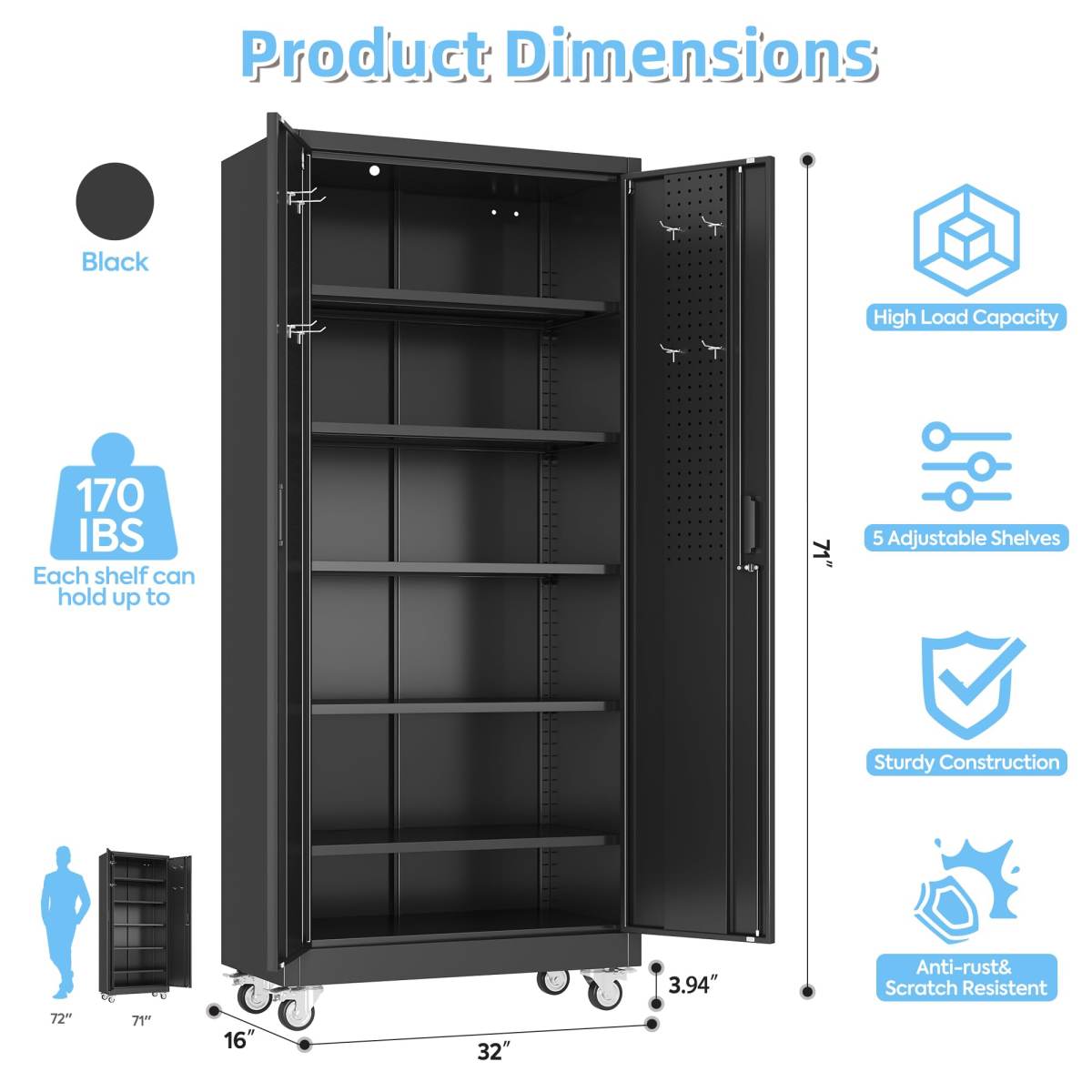 Aobabo Black Metal Garage Storage Cabinet With Wheels, 34inchW X 18inchD X 71inchH 5 Adjustable Shelves Hold Up To 170 Lb Each 4 Lockable Casters And Lockable Doors Organize Tools And Supplies.