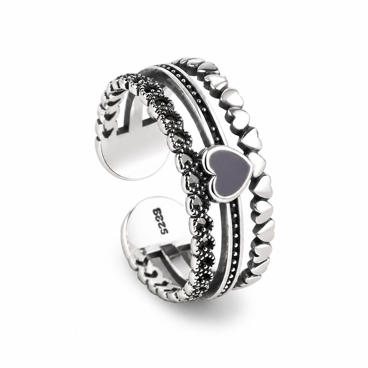 Three Row Multi-Textured Heart Open Adjustable Ring For Women, Oxidized Silver Plated Copper Black Enamel Retro Stackable Love Daily Jewelry Gift