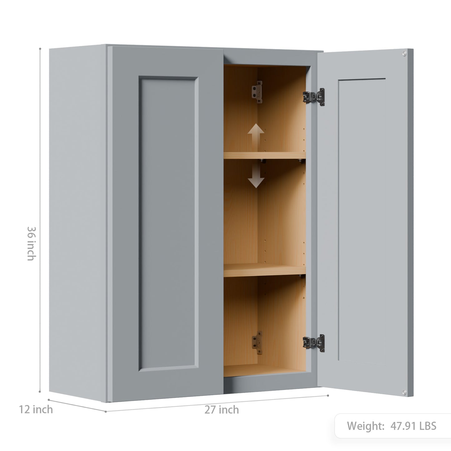 Gray Shaker Solid Wood Wall Cabinet With Soft-Close Doors, Adjustable Shelves - 27 Double Door Storage For Kitchen, Bathroom, Laundry, Garage Easy Assembly, 27 W X 12 D X 36 H