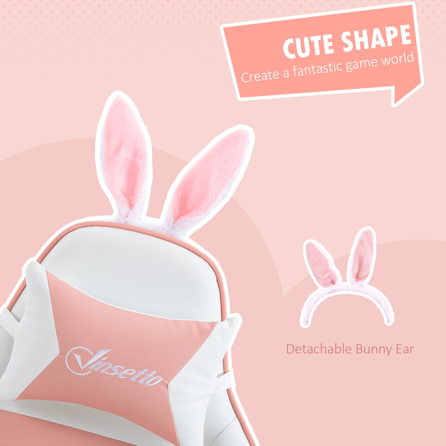 Vinsetto Racing Gaming Chair, Reclining PU Leather Computer Chair With Removable Rabbit Ears, Footrest, Headrest And Lumber Support, Pink