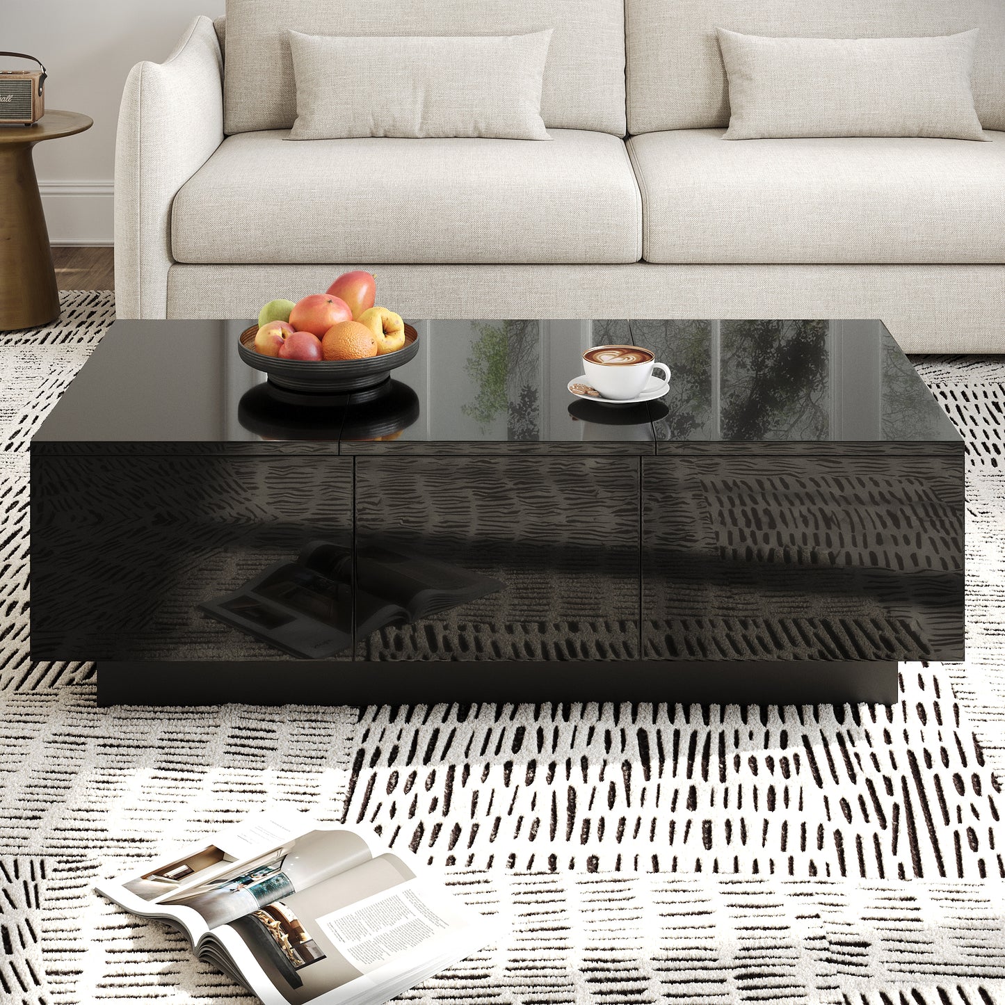 Modern Black High Gloss Coffee Table With Drawers And Sliding Compartment Rectangular Living Room Table With Large Storage Space, Stylish Design And Easy-care Surface