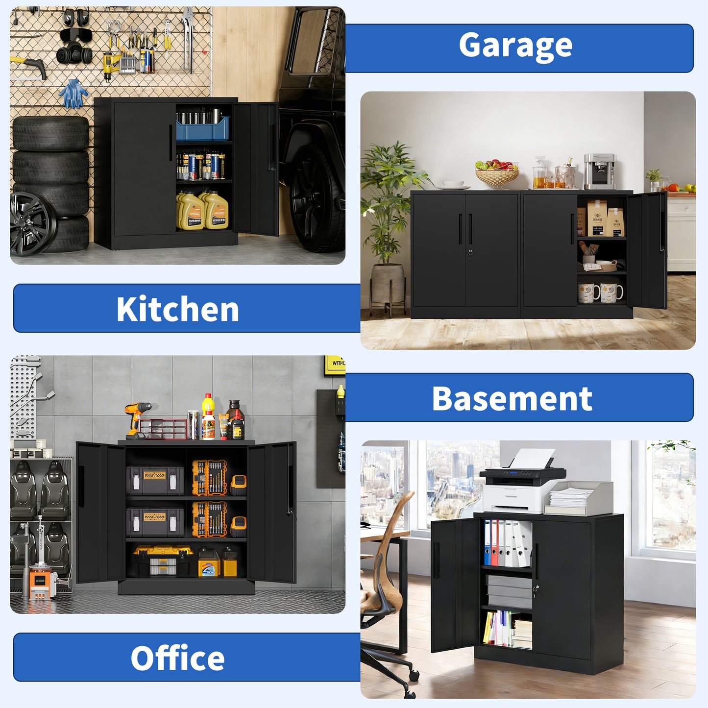 Metal Storage Cabinet With Lock, 2-Door Garage Storage Cabinet With 2 Adjustable Shelves, Heavy Duty Steel File Cabinet For Home, Office, Garage, School Black, 35.4 H