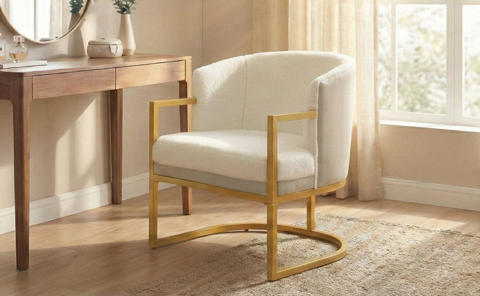 Modern Accent Chair Cozy Armchair Upholstered Reading Chair with Gold Metal Frame Living Room, Bedroom, or Office, Beige