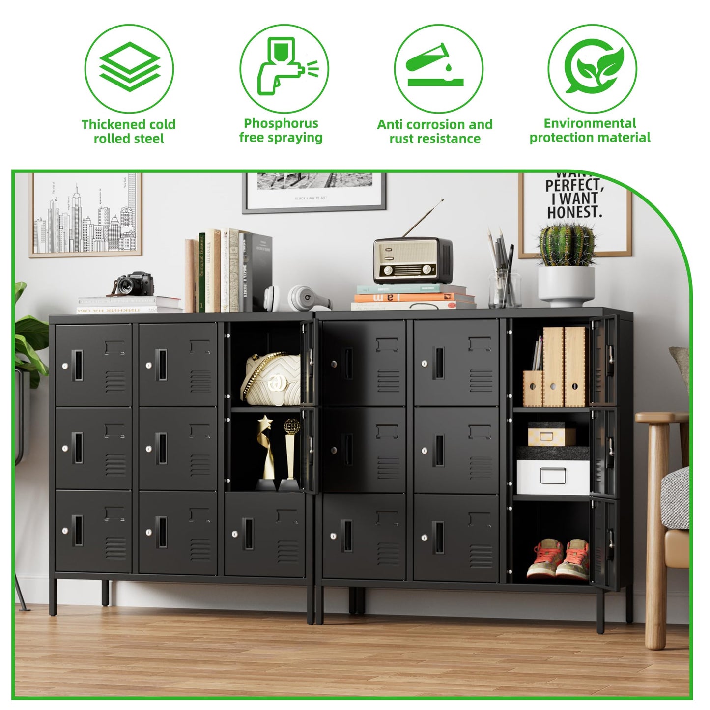 SUPEER Metal Lockers For Employees With 9 Doors,Lockable Metal Locker With Keys And Card Slot,Office Storage Locker For School Gym Home,15.79inch D X 35.51inch W X 37.8inch H,Black,Assembly Required