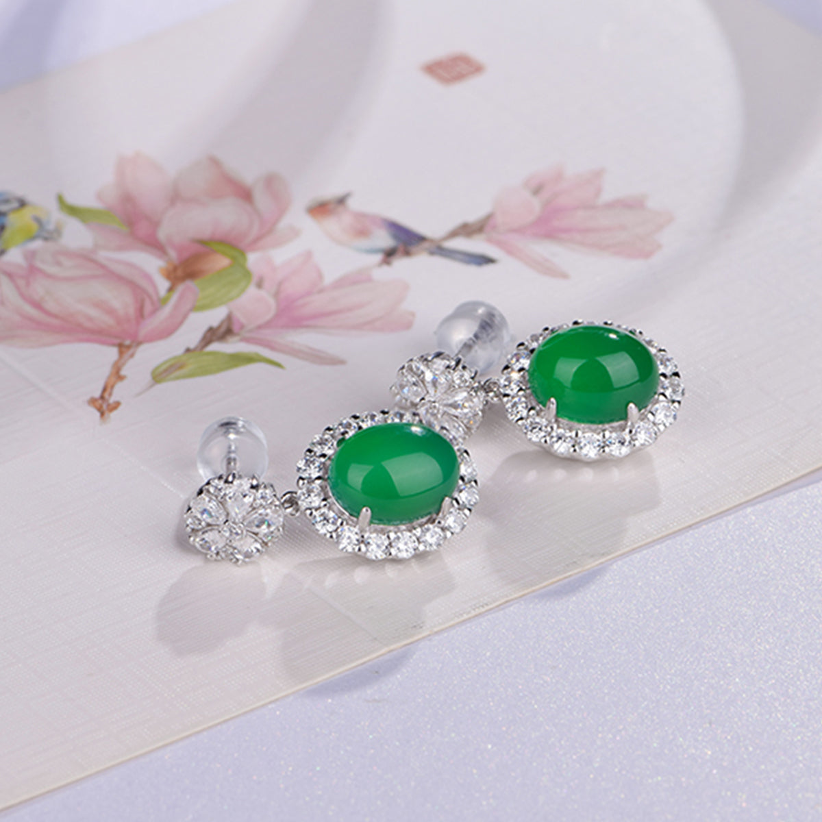 S925 Sterling Silver Dangle Earrings, 8x10mm Oval Green Chrysoprase, Platinum Plated Halo Drop Earrings For Women, Elegant Jewelry Gift Box Set