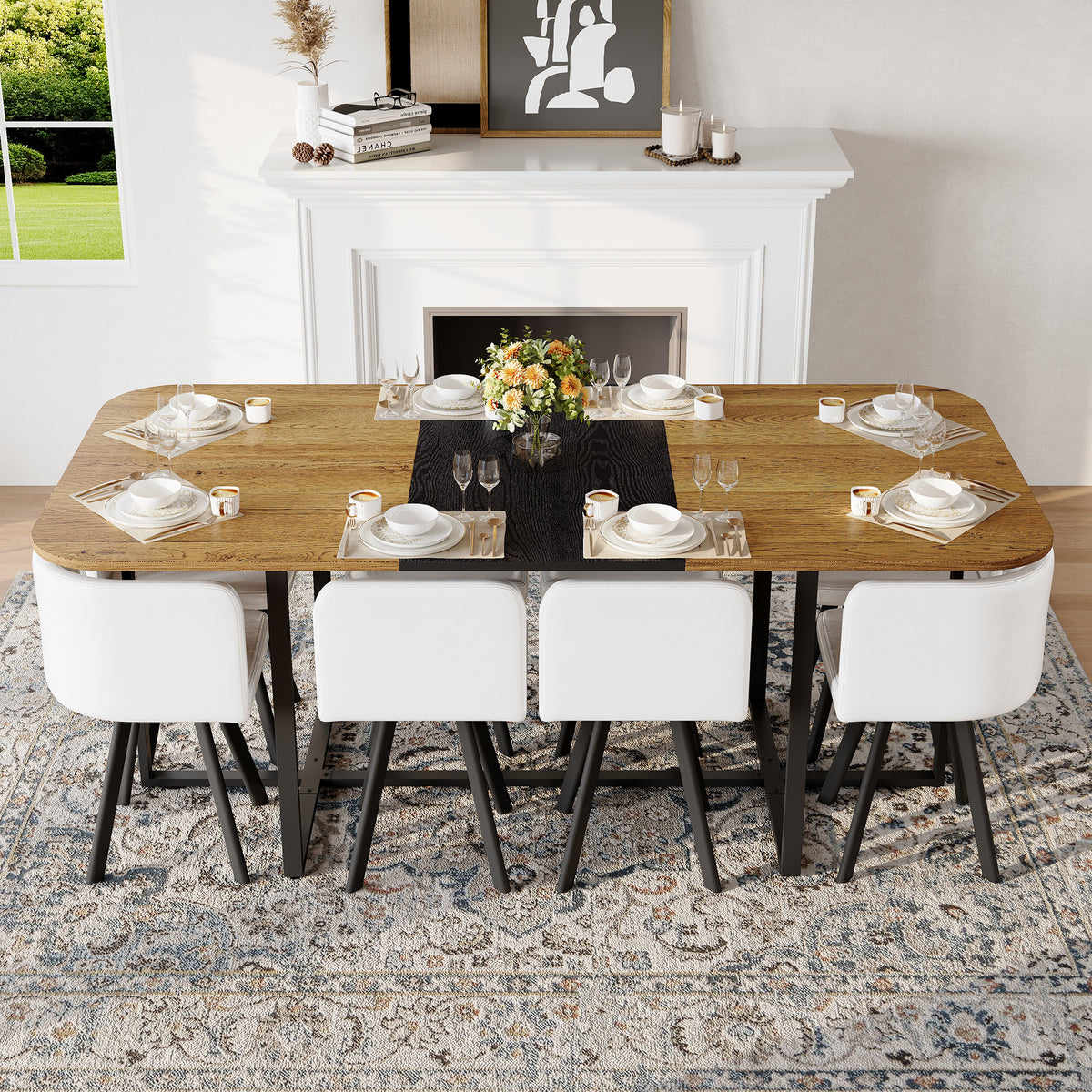 9-Piece Square Dining Table Set, Fixed Two-Tone Wood Grain & Black Wood Grain Triamine Tabletop With 8 White Faux Leather Chairs, Modern Kitchen Table Set For 8 People, Ideal For Family Gatherings