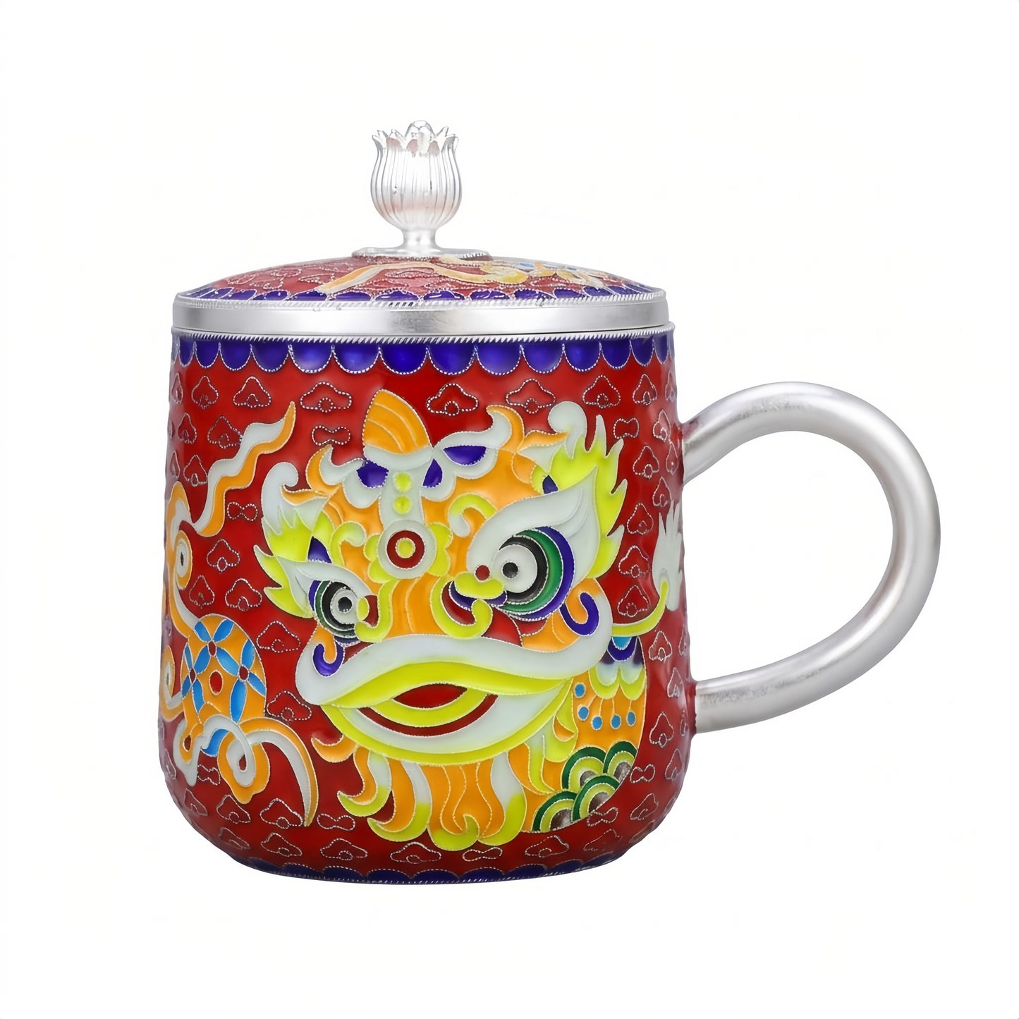 925 Sterling Silver Chinese Lion Dance Themed Ceramic Mug with Accents-Premium Indigo Tea Mug - Handicraft