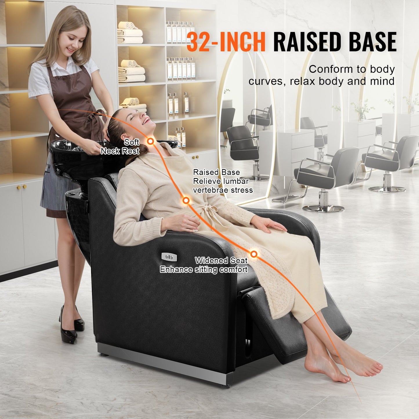 Shampoo Backwash Chair, 661.4LBS Loading Barbershop Hair Washing Station With Electric Adjustable Footrest & Ceramic Bowl, Backwash Salon Shampoo Chair, Beauty Spa Hairdressing Massage Equipment