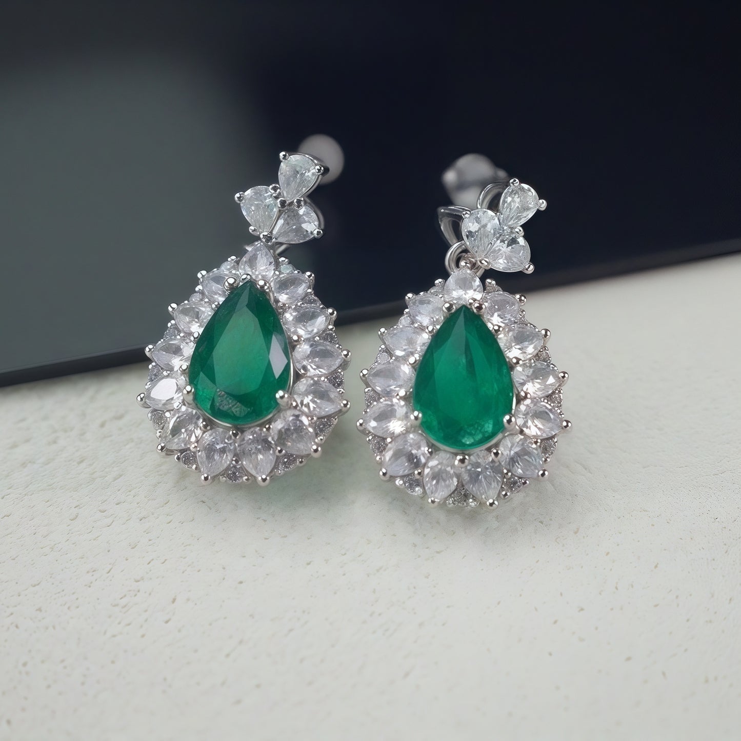 Pear Cut Vivid Emerald CZ Multi Marquise White Crystal Halo Dangle Earrings For Women, Copper Silver Plated Vintage Royal Bridal Wedding Formal Banquet Statement Jewelry Gift