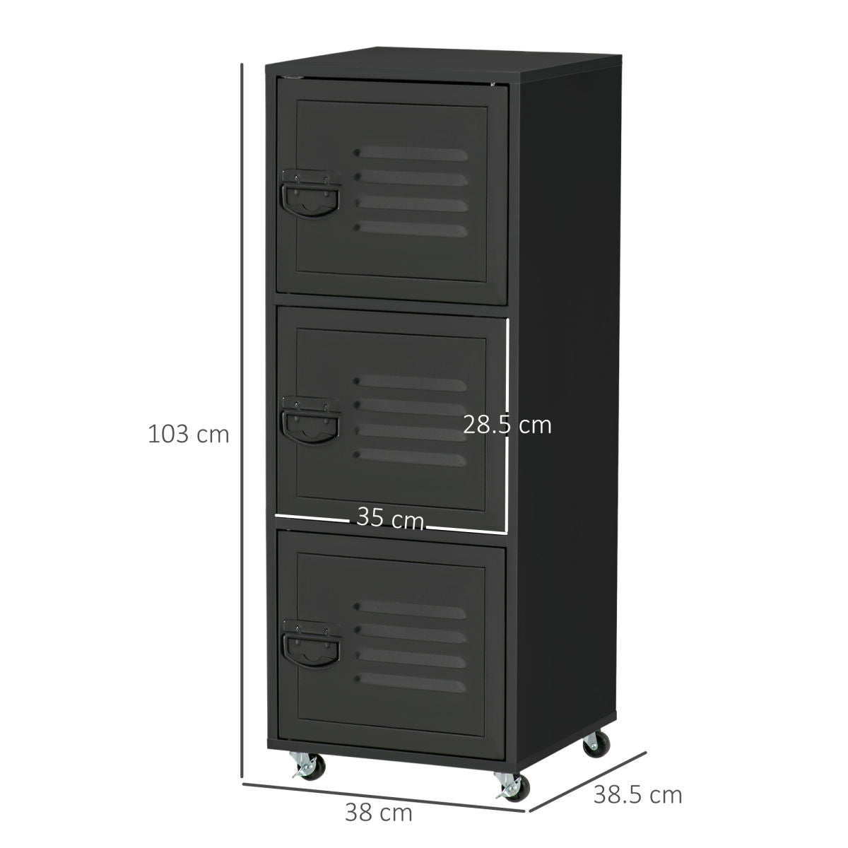 Rolling Storage Cabinet 3-Tier Mobile File Cabinet With Wheels & Metal Doors For Home Office, Living Room, Black