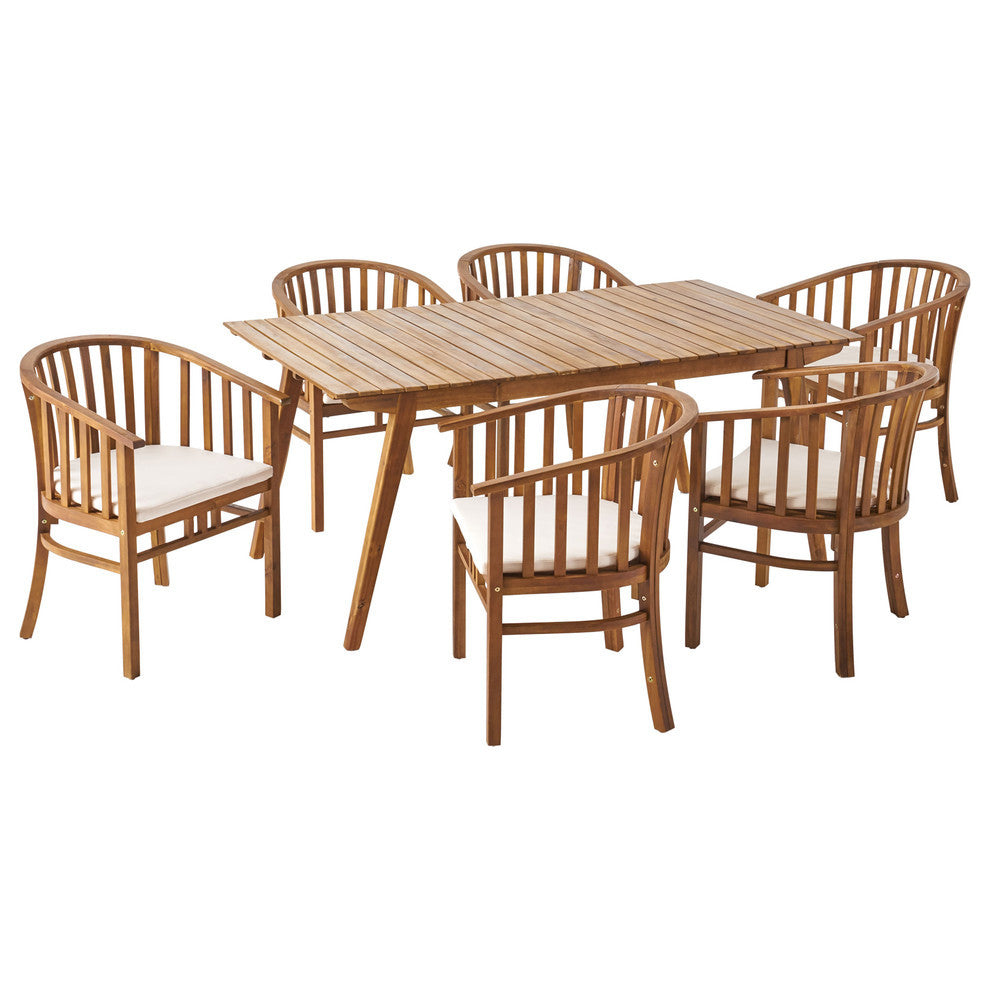 Outdoor 6 Seater Acacia Wood Dining Set With Cushins,Finish And Cream