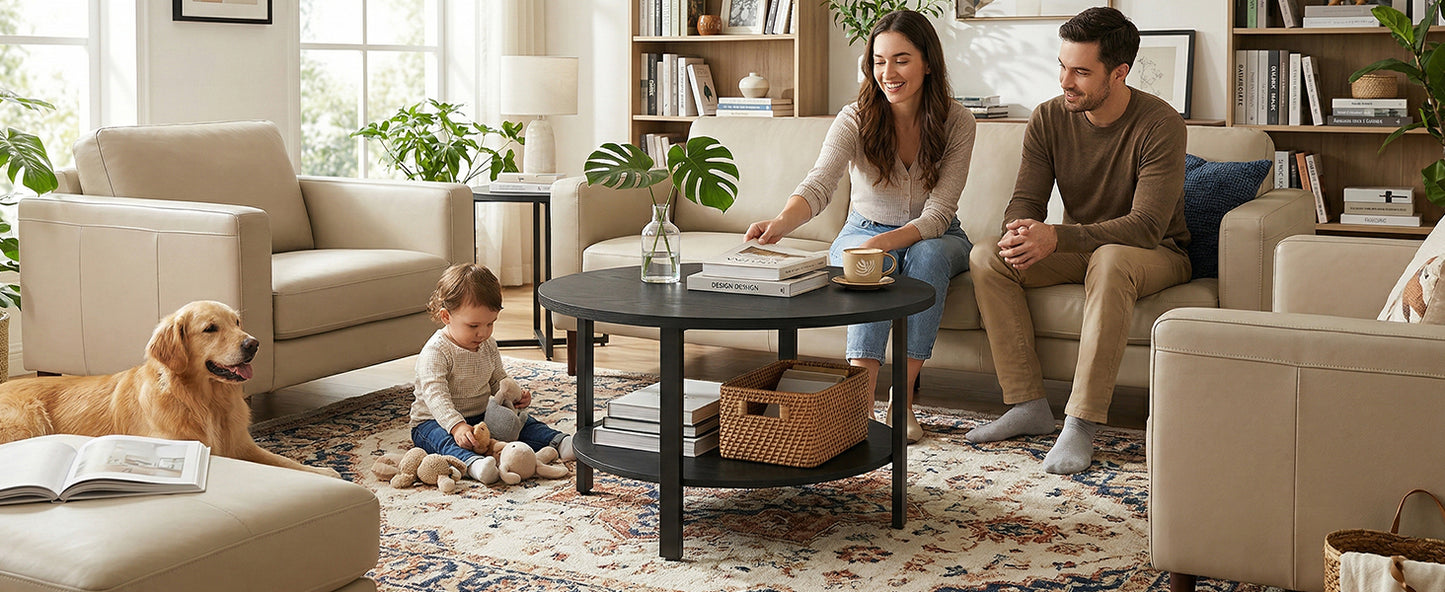 31.5in Round Coffee Table 2 Tier Center Table With Storage Easy Assembly For Living Room Home Office Black