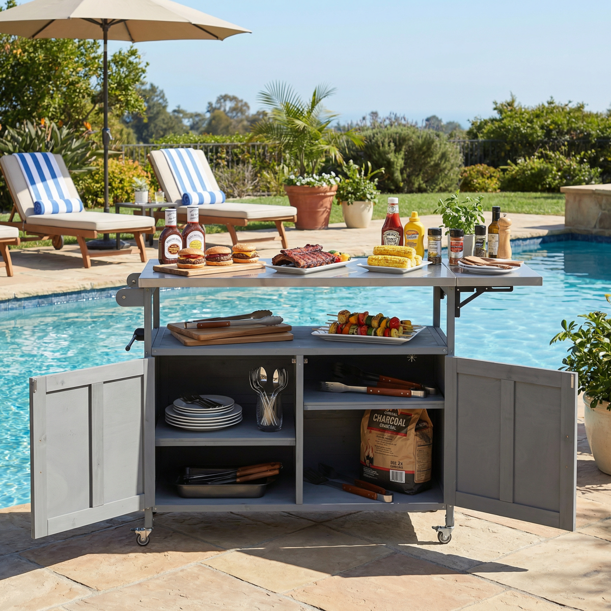 Foldable Outdoor Kitchen Island Patio Mobile Kitchen Cart Portable Outdoor Cooking Island With Lockable Wheels, Storage Cabinet And Towel Rack For Patio And Outdoor, Grey