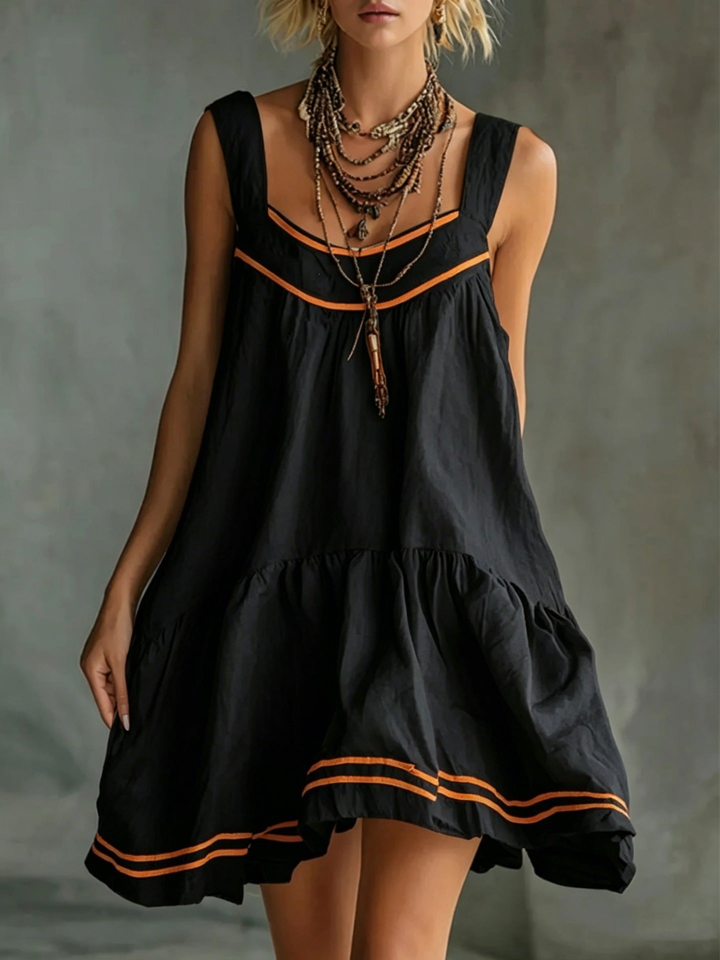 New Retro Casual Chic Embossed Comfortable Solid-color Cotton-linen Mini Slip Dress