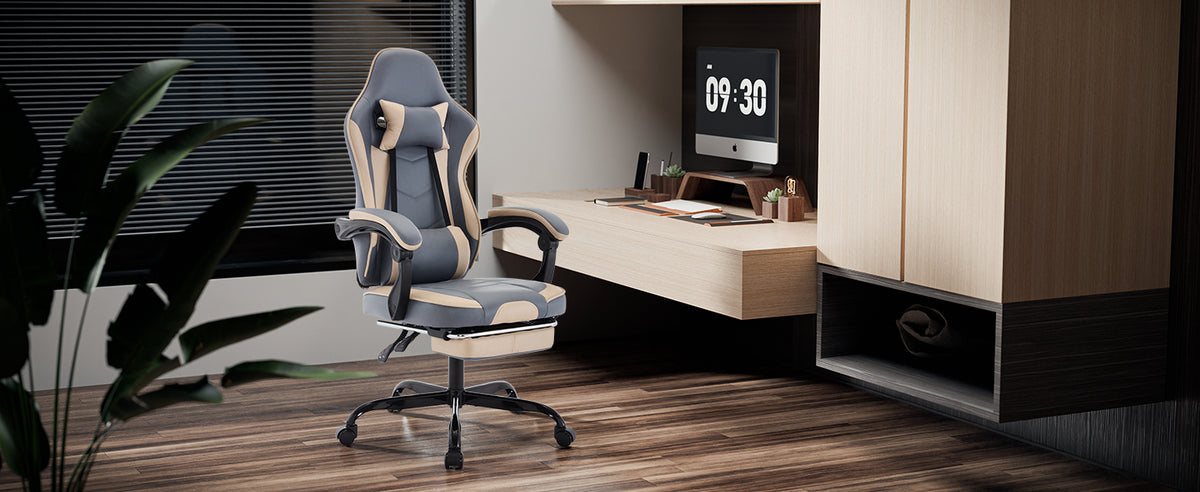 Gaming Chair, Ergonomic Computer Chair With Footrest And Massage Lumbar Support, Height Adjustable Swivel Video Game Chair For Adults, 300lb Max, Blue Beige