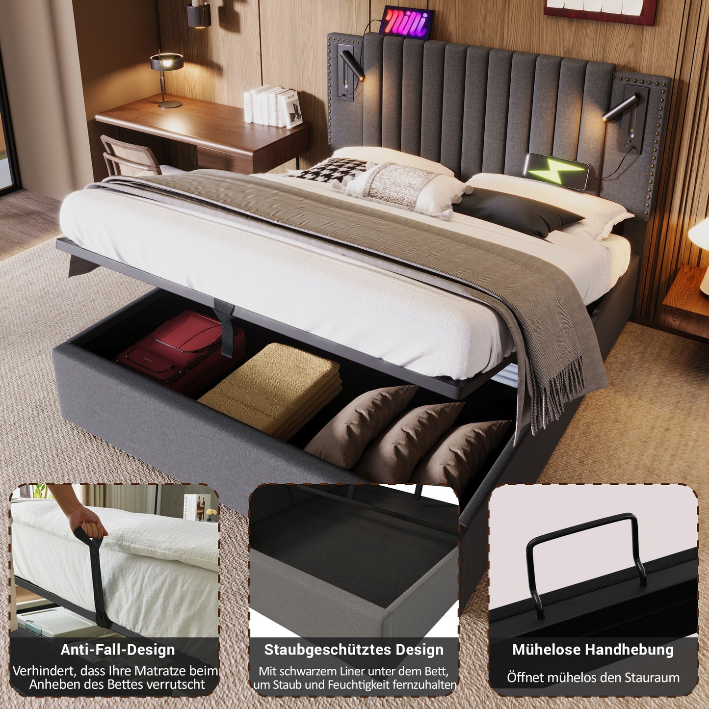 Upholstered Bed 160x200,double Bed Storage Storage Bed Box,reading Light With USB Charging Function Headboard,backrest With Rivet Design,bed With Slatted Base And Bed Box, Cotton, Grey Without Mattre