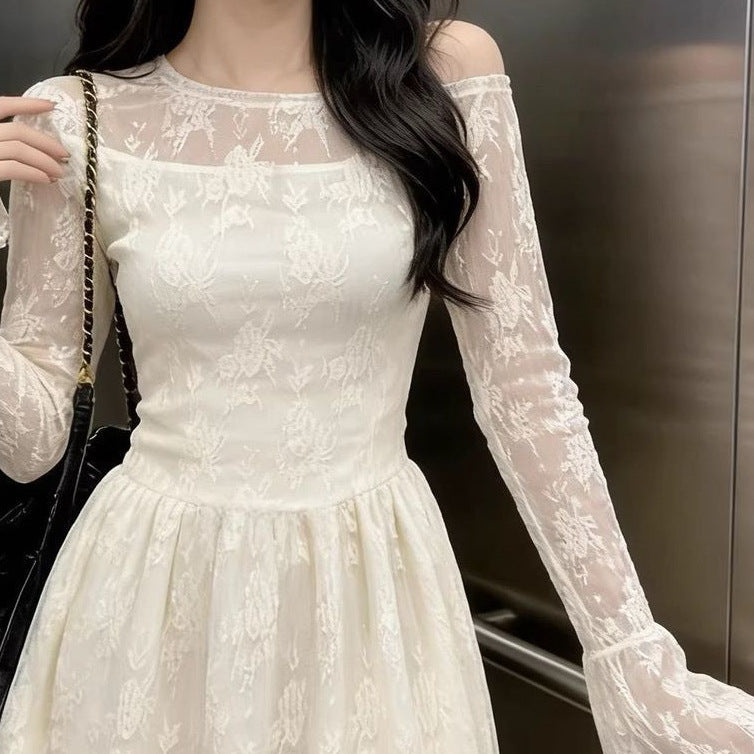 Korean-style Milk Apricot Long-Sleeve Lace Patchwork Dress