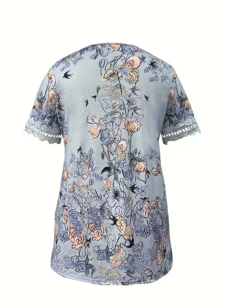 Plus Size Women'S Plus Size Fashion Casual Temperament Elegant Comfortable Versatile Vacation Retro Latin Ethnic Style Printed Lace Patchwork Neck Lace Patchwork Short Sleeve T-Shirt