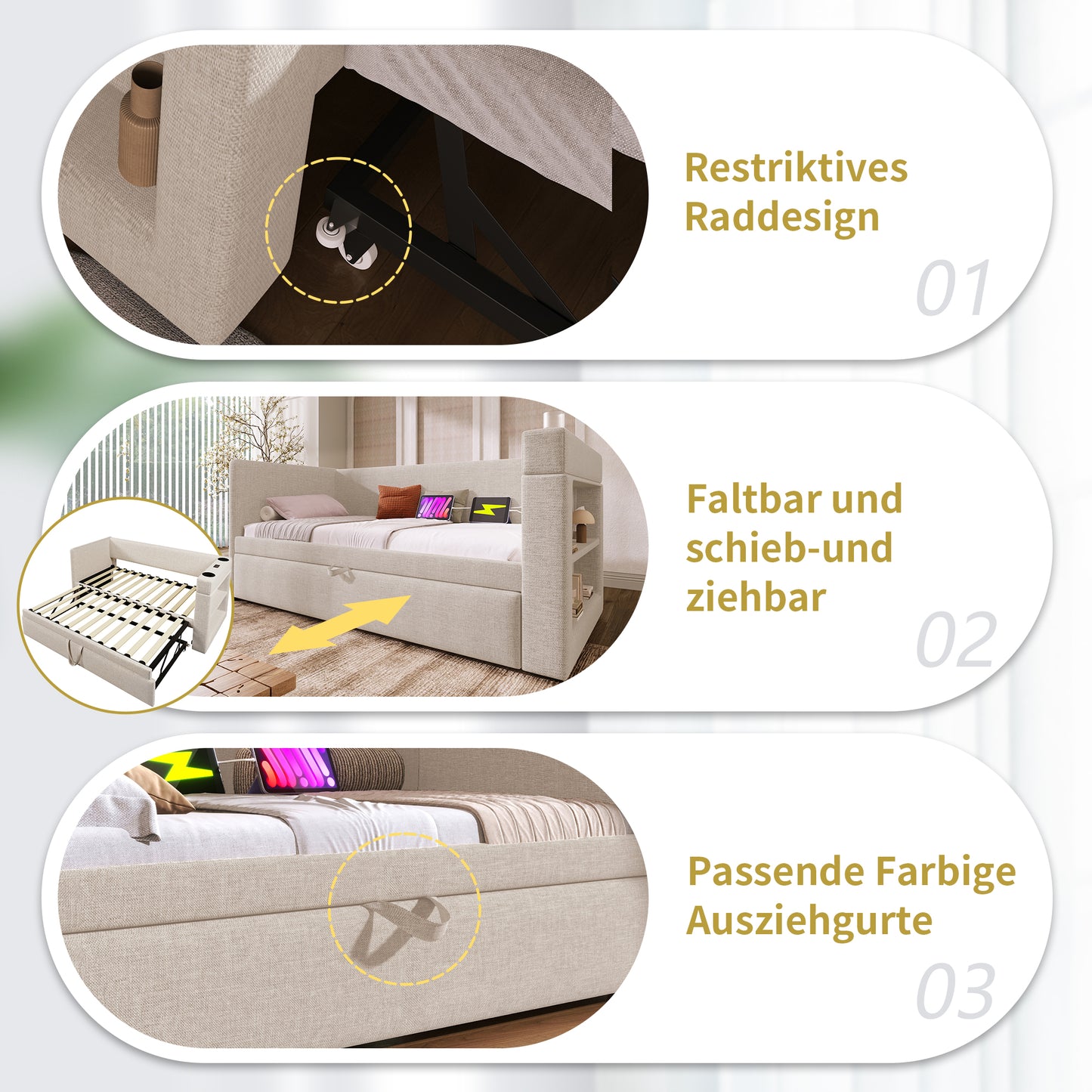 Upholstered Daybed 90x200 Cm, Single Bed Sofa Bed With Pull-out Bed, Armrests With USB & Type-C Charging Port And Cup Holder, Linen Blend, Beige, Without Mattress.