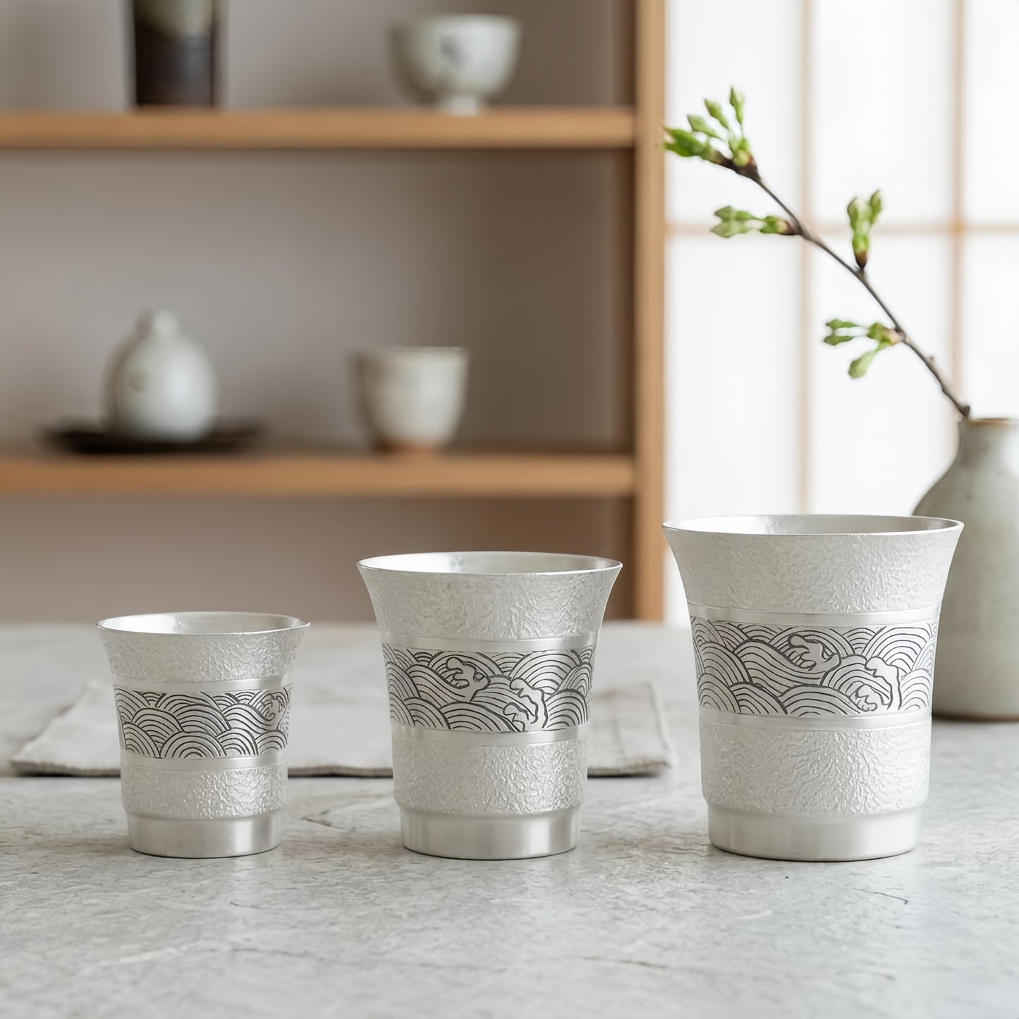 Pure 999 Fine Silver Premium Tea Cups in Three Sizes with Elegant Wave Patterns-Premium Master Cup - Handicraft