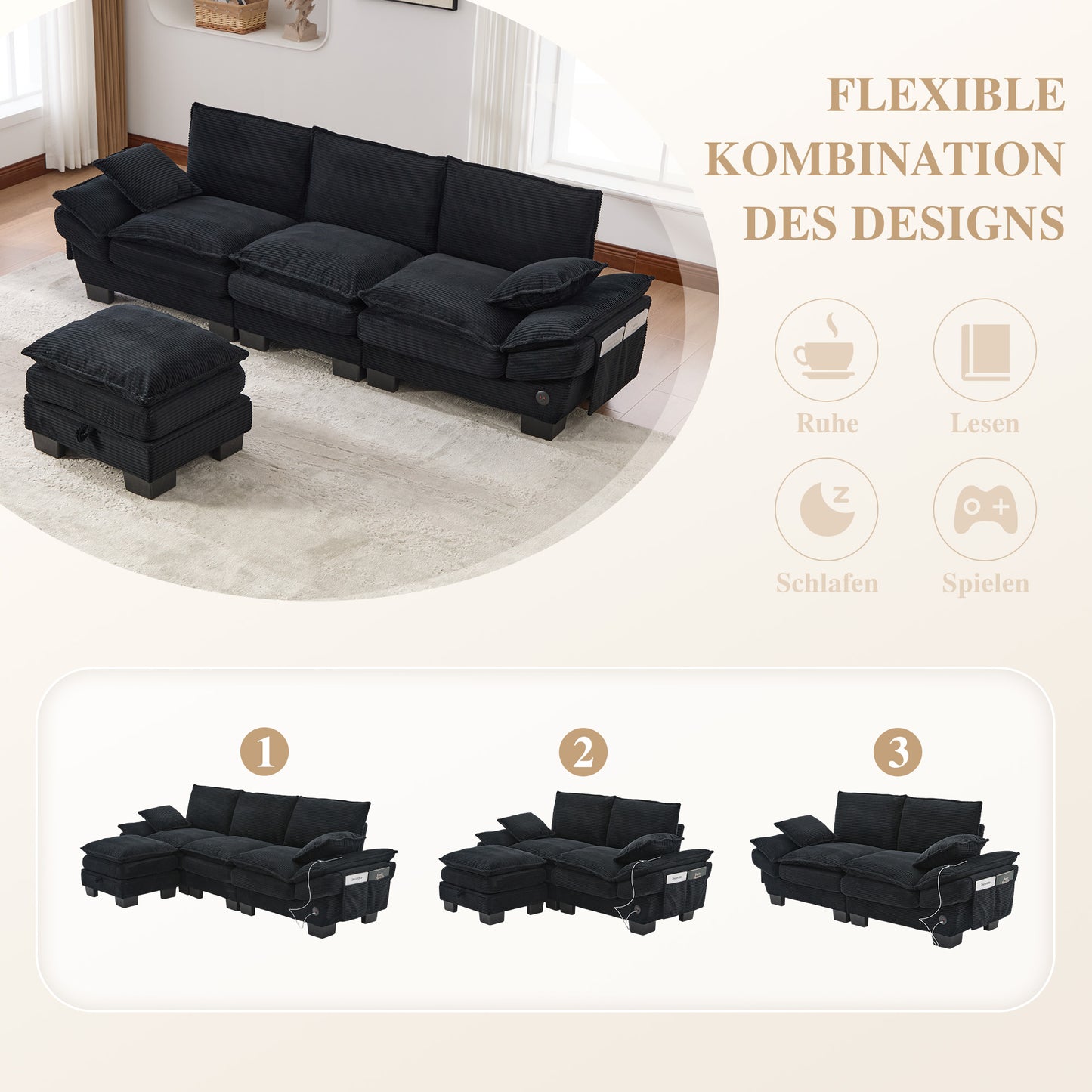 Modular 3-seater Corduroy Sofa With 1 Stool Wide Seat, Ergonomic Design, High-density Foam Padding, USB-C Port And Side Pockets. Ideal For The Living Room, Office Or Lounge.Black