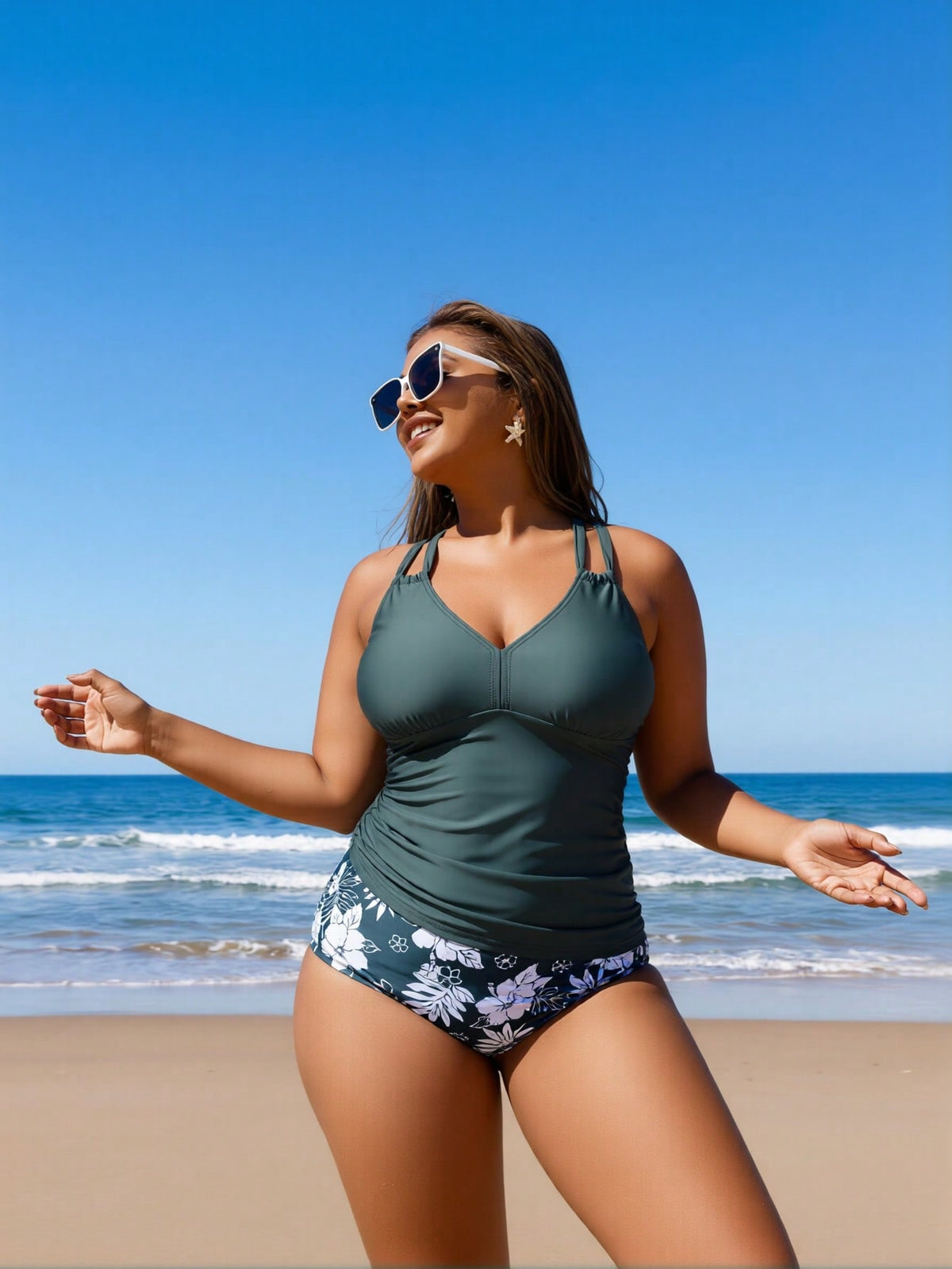 2026 New Plus Size Women's Sexy Fashion Army Green Solid & Floral Print Two-Piece Swimsuit For Vacation & Leisure