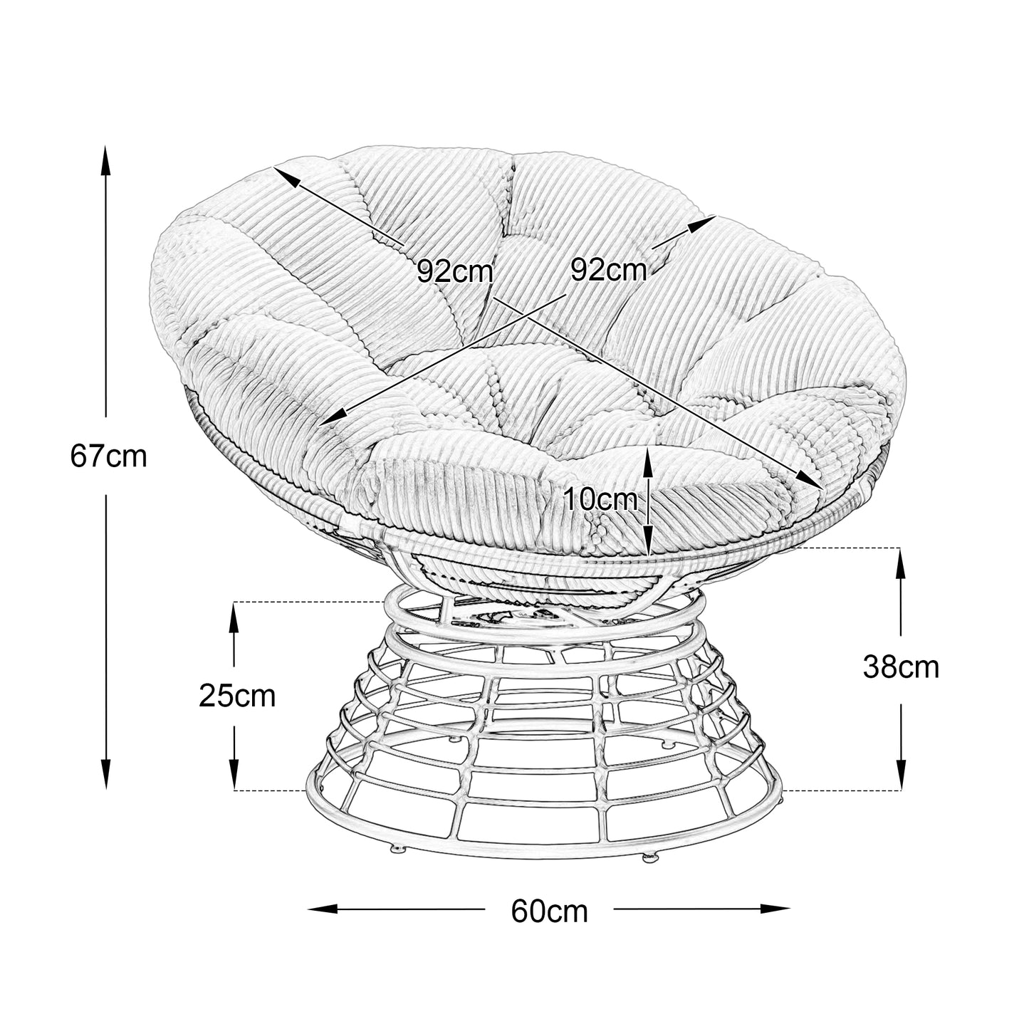 Comfortable Ergonomic Wicker Papasan Chair, 360 Swivel Indoor Outdoor Rattan Chair With Soft Thick Cushion, Ideal For Living Room, Bedroom, Reading Room, Brown Frame With White Cushion Corduroy