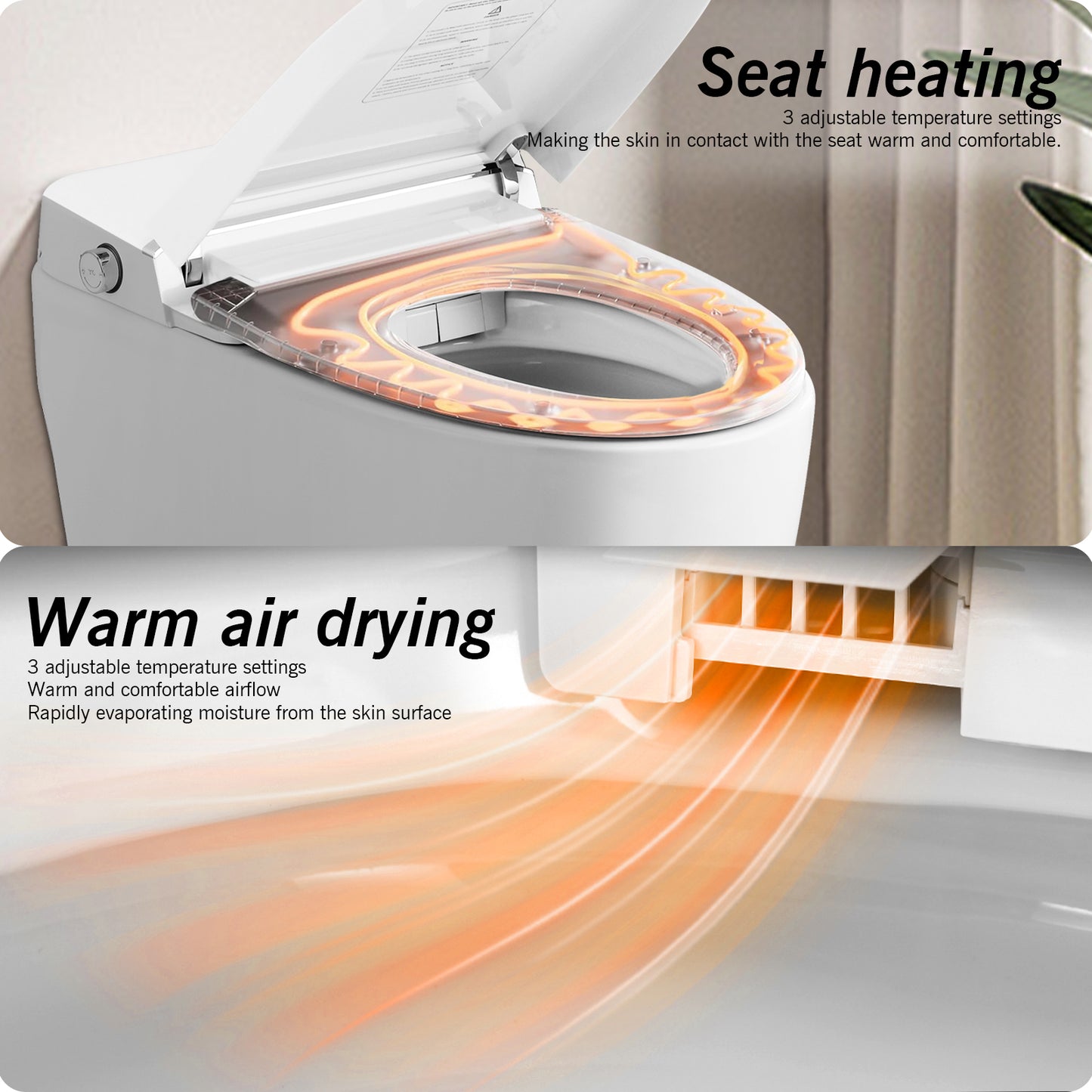 Smart Toilet Bidet Combo With Foot Sensor Open Cover Seat, Self-Cleaning Nozzle, Heated Seat, Night Light, Knob Control, Power Outage Flushing, Soft Close, Auto Flush, With Remote Control