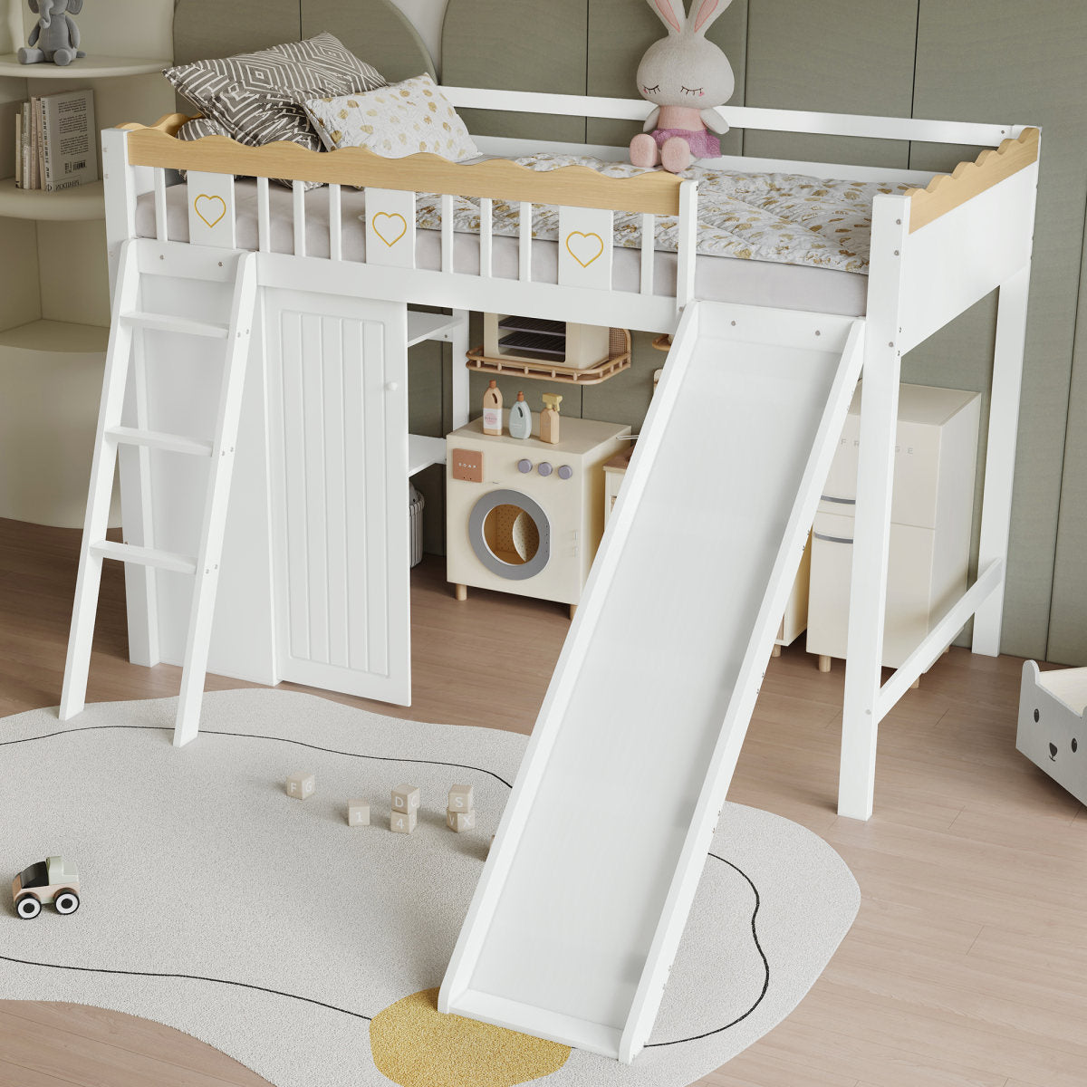 Loft Bed, Cot, With Children's Slide, Wardrobe And Storage Cabinet Under The Bed, Four-Sided Fence With Exquisite Patterns Pine MDF Plywood, White Natural, 90x200cm