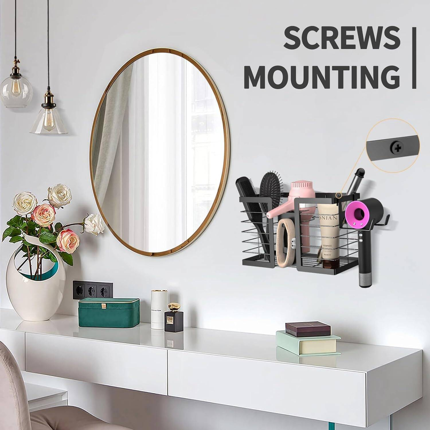 3-in-1 Wall Mounted Hair Tool Organizer Rust-Proof Steel Hair Dryer Holder With Heat-Resistant Storage For Straighteners, Brushes & Accessories