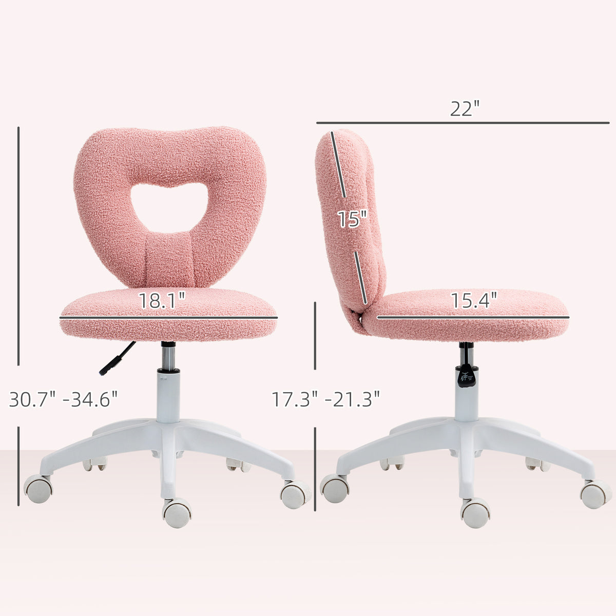 Armless Computer Desk Chair, Office Task Chair, Teddy Fleece Heart Makeup Vanity Chair with Swivel Wheels, Pink