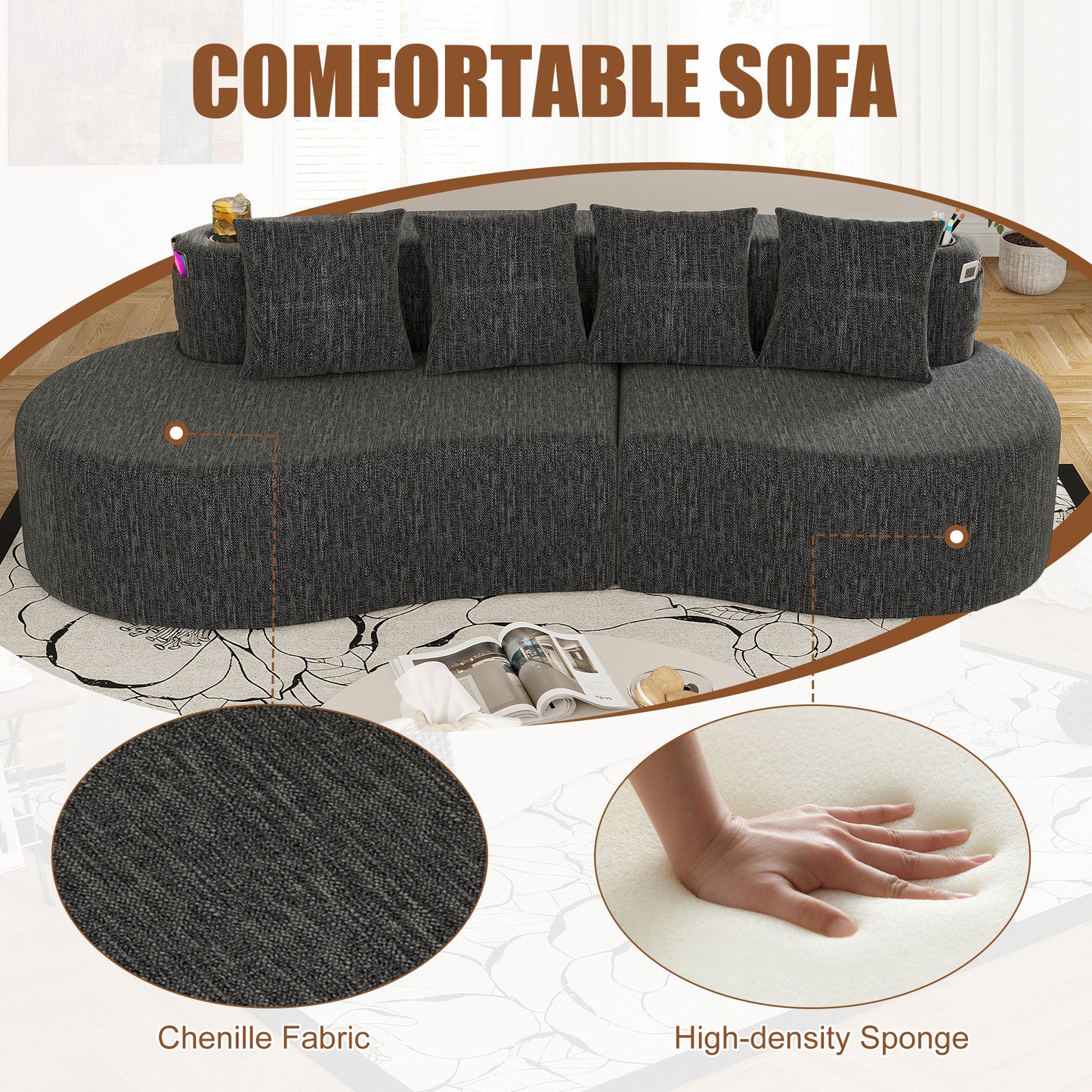 Modern Curved Sectional 3 Seat Minimalist Elegant Half Moon Sofa Compressed Modular Sectional Sofa For Living Room, Office, Apartment