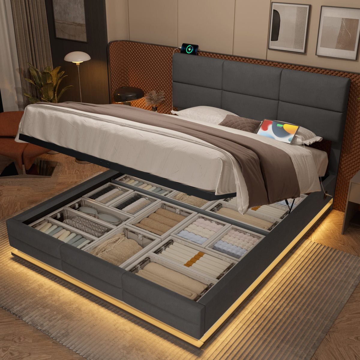 150x200 Cm Modern Velvet Upholstered Bed With Adjustable Headboard - Includes USB Type-C Ports, LED Ambient Lighting, Hydraulic Lift System & Extra Large Storage Space Mattress Not Included - Gray