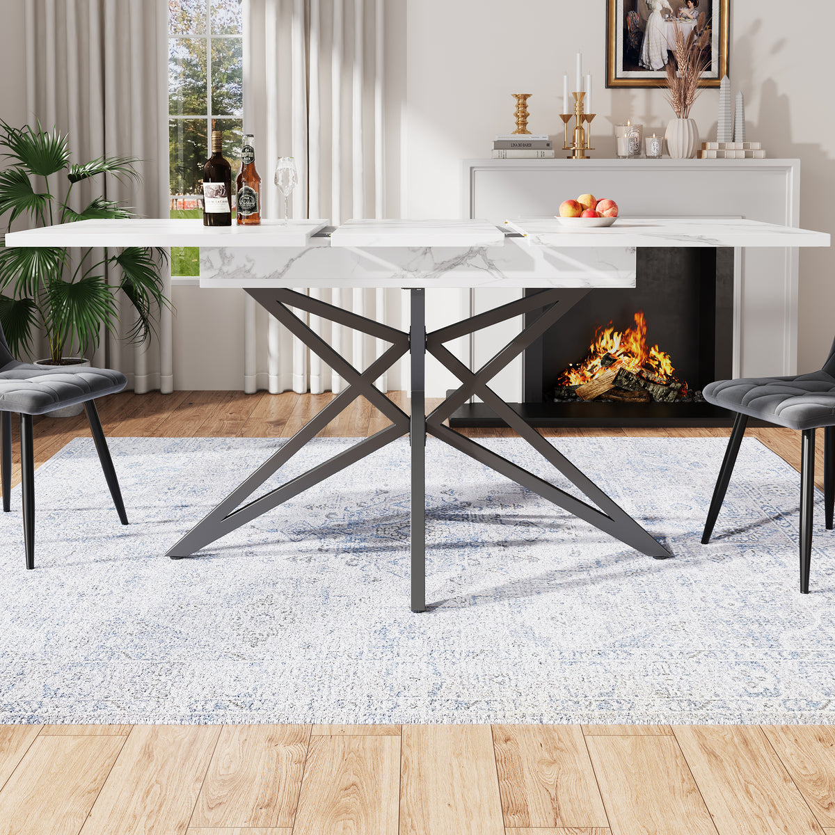 Extendable Dining Table 120 160 X 80 Cm, Extendable Kitchen Table, Breakfast Table, Star-shaped Table Legs, Black Iron Legs, Walnut Imitation Marble Tabletop