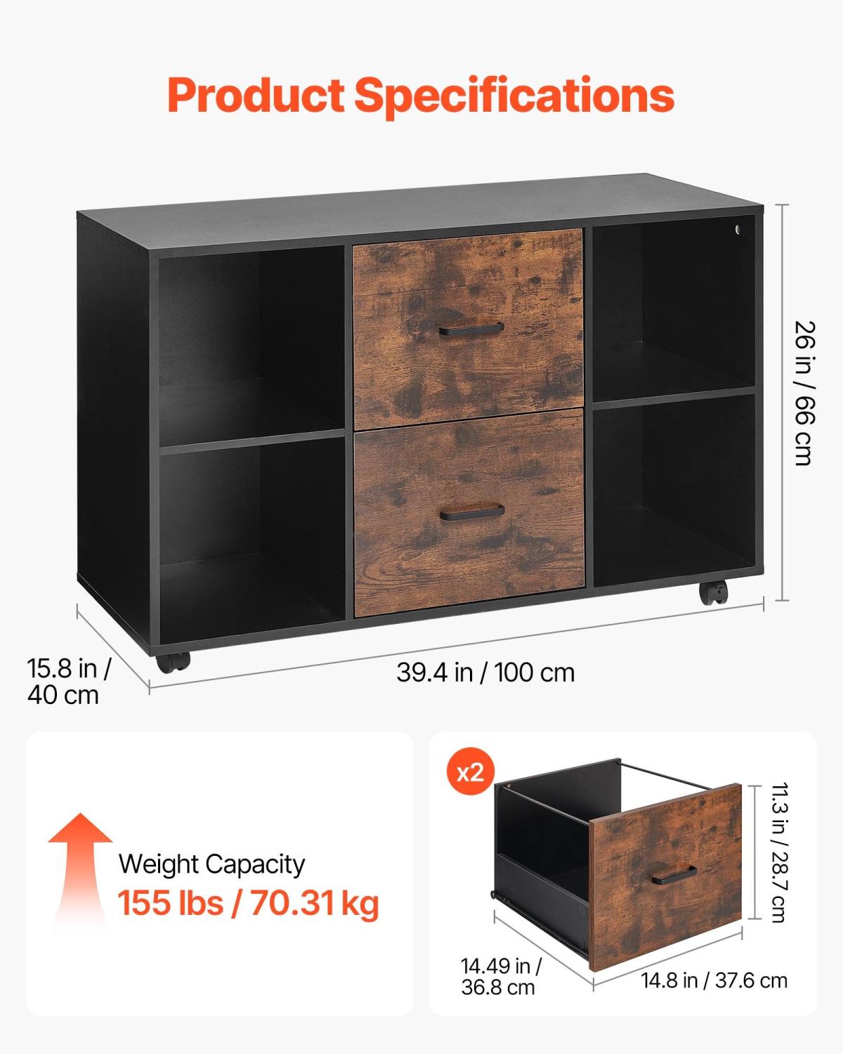 2 Drawer Wooden File Cabinet, Mobile Filing Cabinet With Open Shelves, Lateral Rolling File Storage With Lockable Wheels, Modern Free Standing Printer Stand For Home, Office, School, Black