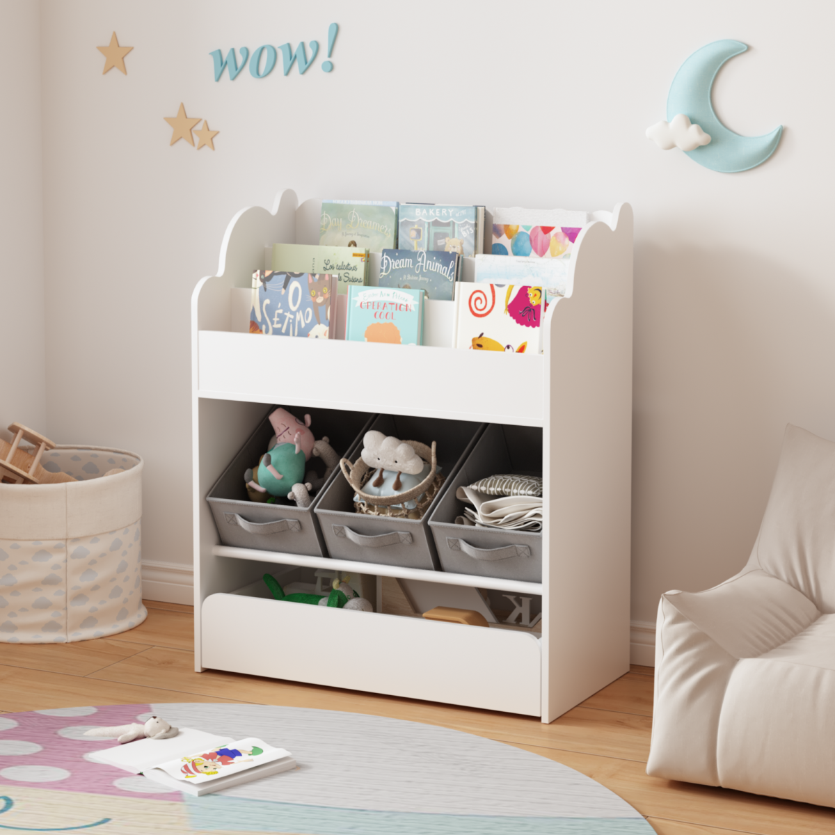 Kids Bookshelf With Storage Bins And Drawer, Multi-Functional Wooden Book Organizer For Toddlers, White Bookcase For Toys, Books And Nursery Room