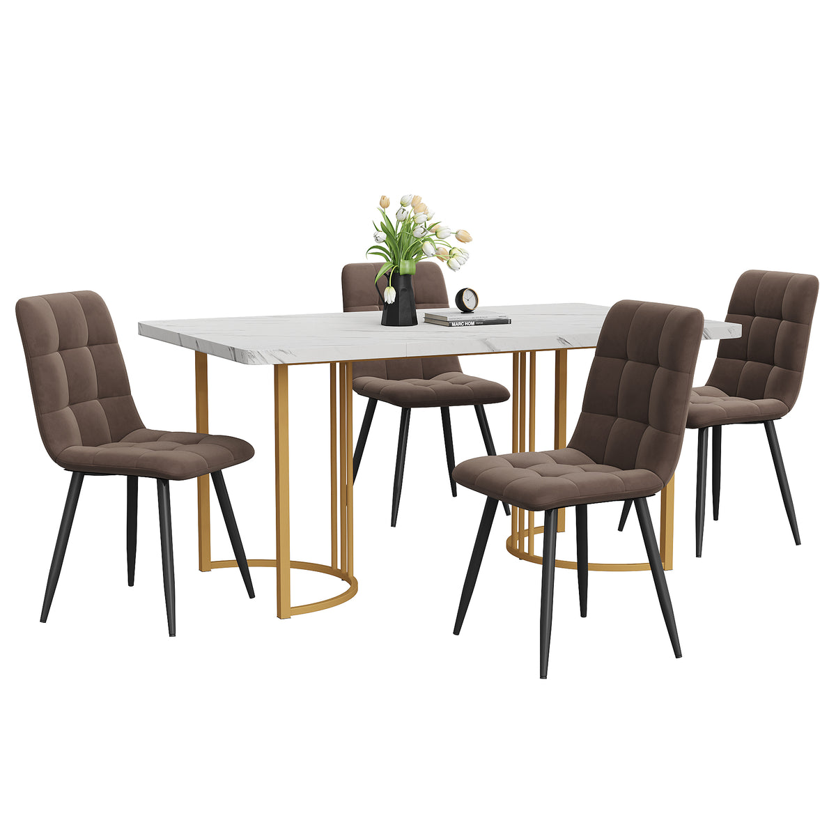 Dining Group 5-Piece,Dining Table With 4 Chairs Set, Modern Kitchen Table Set, 140x80cm Kitchen Table With Golden Metal Legs, MDF Table Top In White,Brown Velvet Dining Chairs
