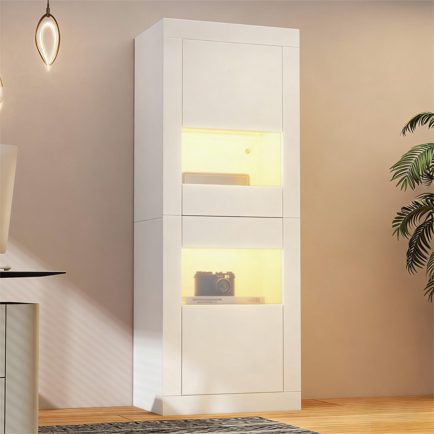 White Display Cabinet With LED Lighting, 1 Glass Shelf, Display Cabinet, Freestanding Display Cabinet, Tall Cabinet, Storage Cabinet.