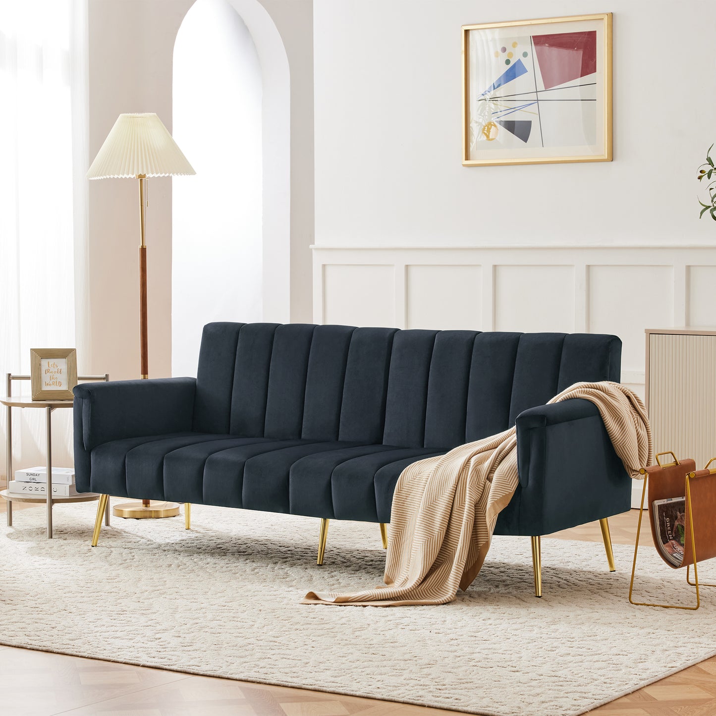 Modern Adjustable Velvet Sofa Bed With Multi Position Backrest & Armrests, Metal Legs, Convertible Sleeper Function, Ideal For Living Room, Bedroom, Home Theater & Guest Room, Black, Video Included