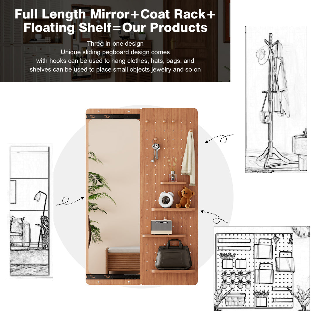 Wall Mounted Full Length Mirror, Full Body Mirror With Shelf, Full Body Mirror With Hook Wall Mounted Mirror With Multifunctional Design Panel, Bedroom Living Room Entrance Cherry 47.6x15.7in