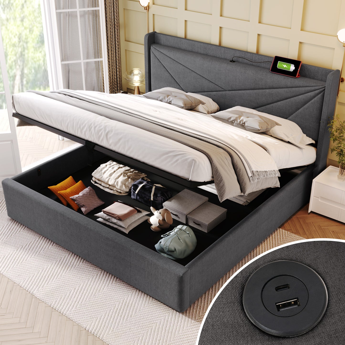 Upholstered Bed Double Bed Storage Bed Box With USB Type C Charging Function Headboard,Storage Beds Bed Frame Made Of Linen Material Youth Bed Bed 160x200 With Slatted Base Without Mattress