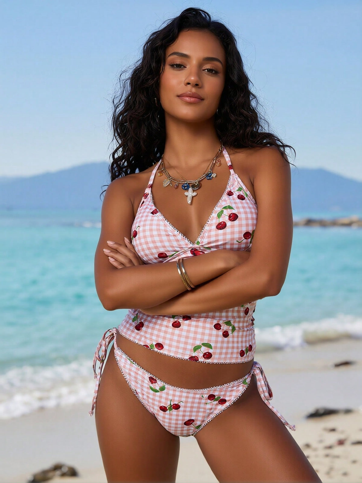 2026 New Women's Sexy Fashion Pink Gingham & Cherry Print Halter Two-Piece Swimsuit For Vacation & Leisure