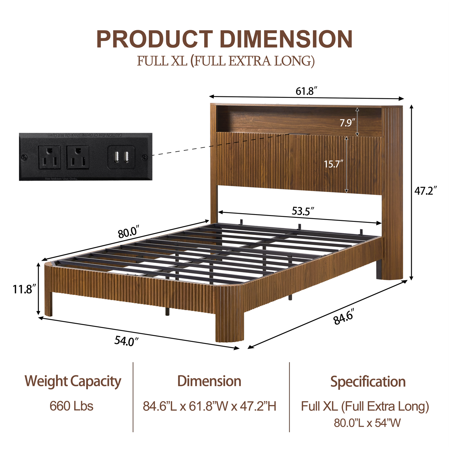 Full Extra Long Full XL Size Bed Frame With Storage Headboard, Built-in Charging Station, Wavy Curved Lines Design, Silent Operation, Metal Support, Walnut