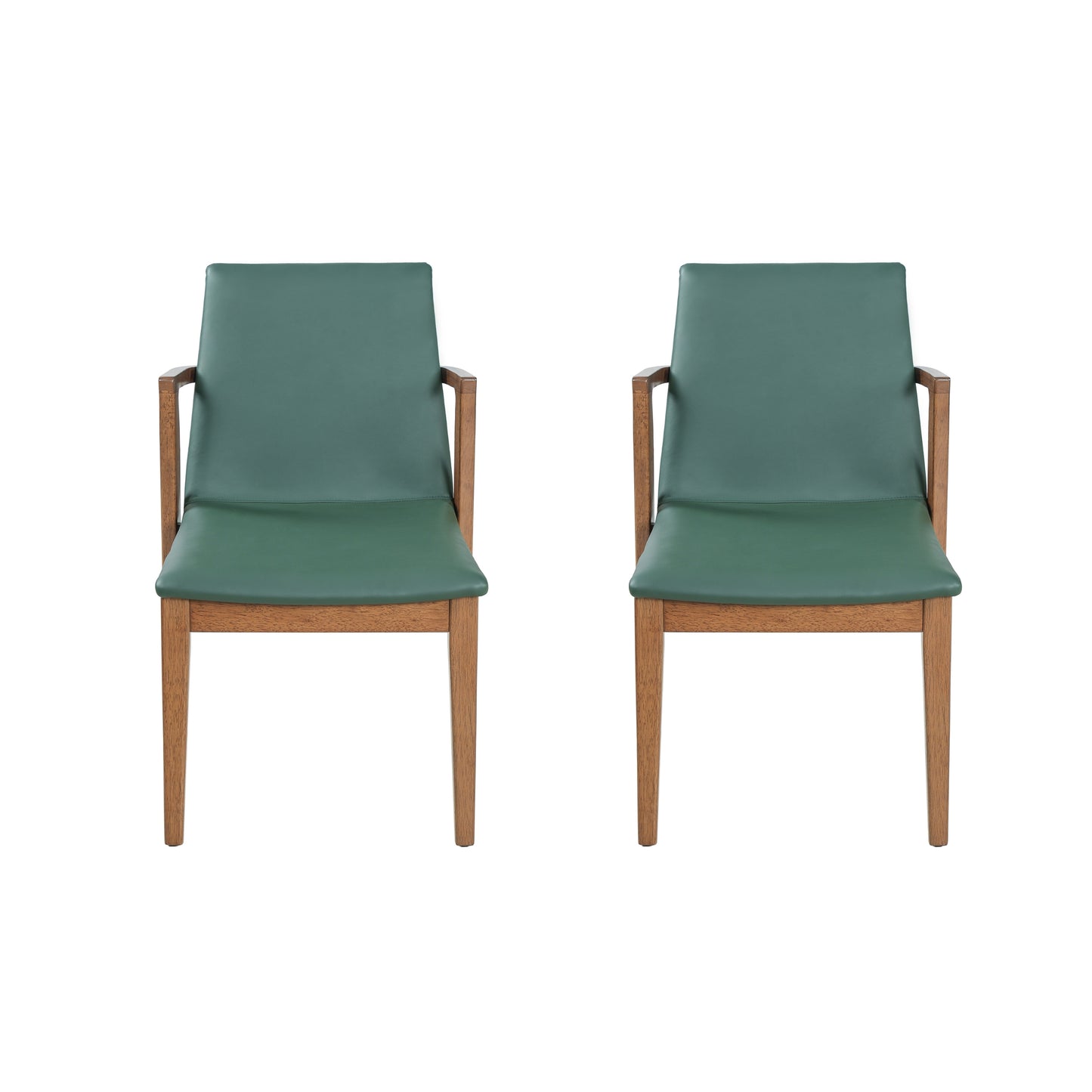 Mid-Century Modern Dining Chairs Set Of 2 - Green PU Upholstered Armchairs With Walnut Color Rubber Wood Frame, 250lbs Capacity For Kitchen & Dining Room