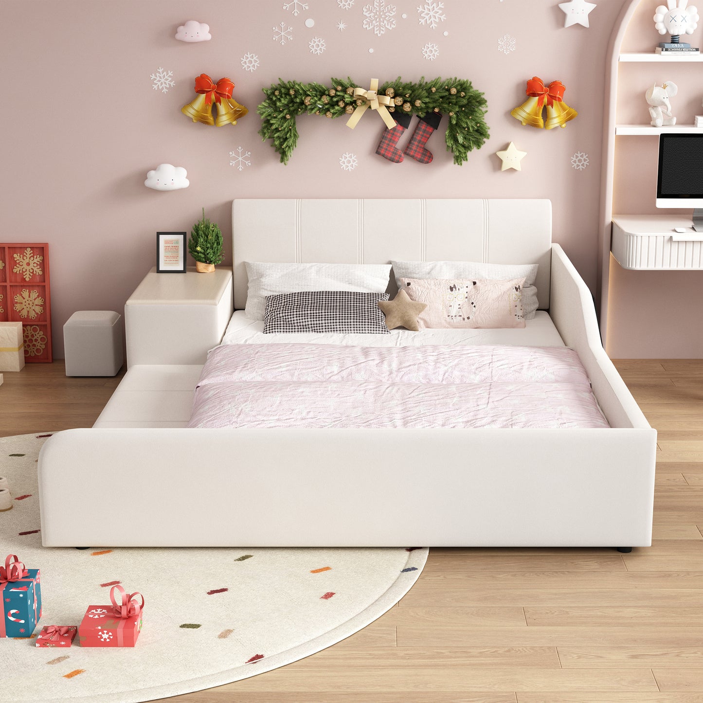Upholstered Bed With Children's Desk And Stool, With Shelf, Soft Headboard, Children's Bed With Wooden Slats, Velvet, White, 140x200cm
