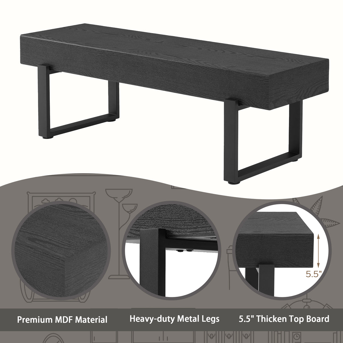 59 Wood Bench For Bedroom End Of Bed, Farmhouse Indoor Kitchen Table Benches,Versatile Modern Shoe Bench For Entryway, Black