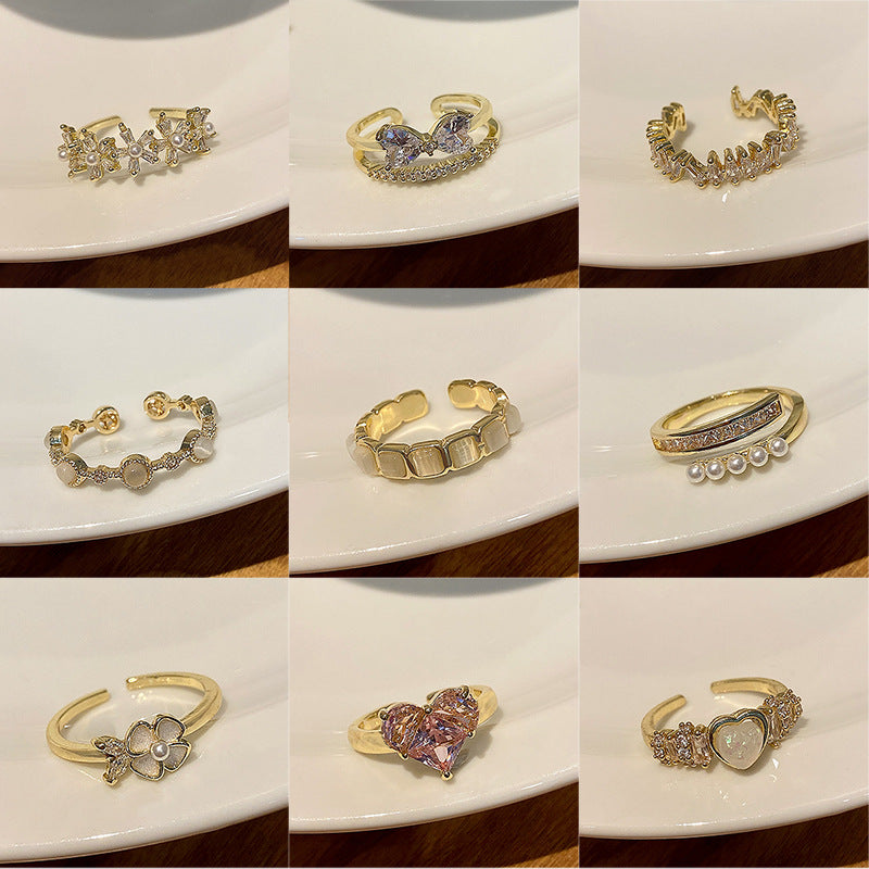 Korean Accessible Luxury High-End Zircon Pearl Ring Women's Retro Niche Design Bow Ring Open Bracelet