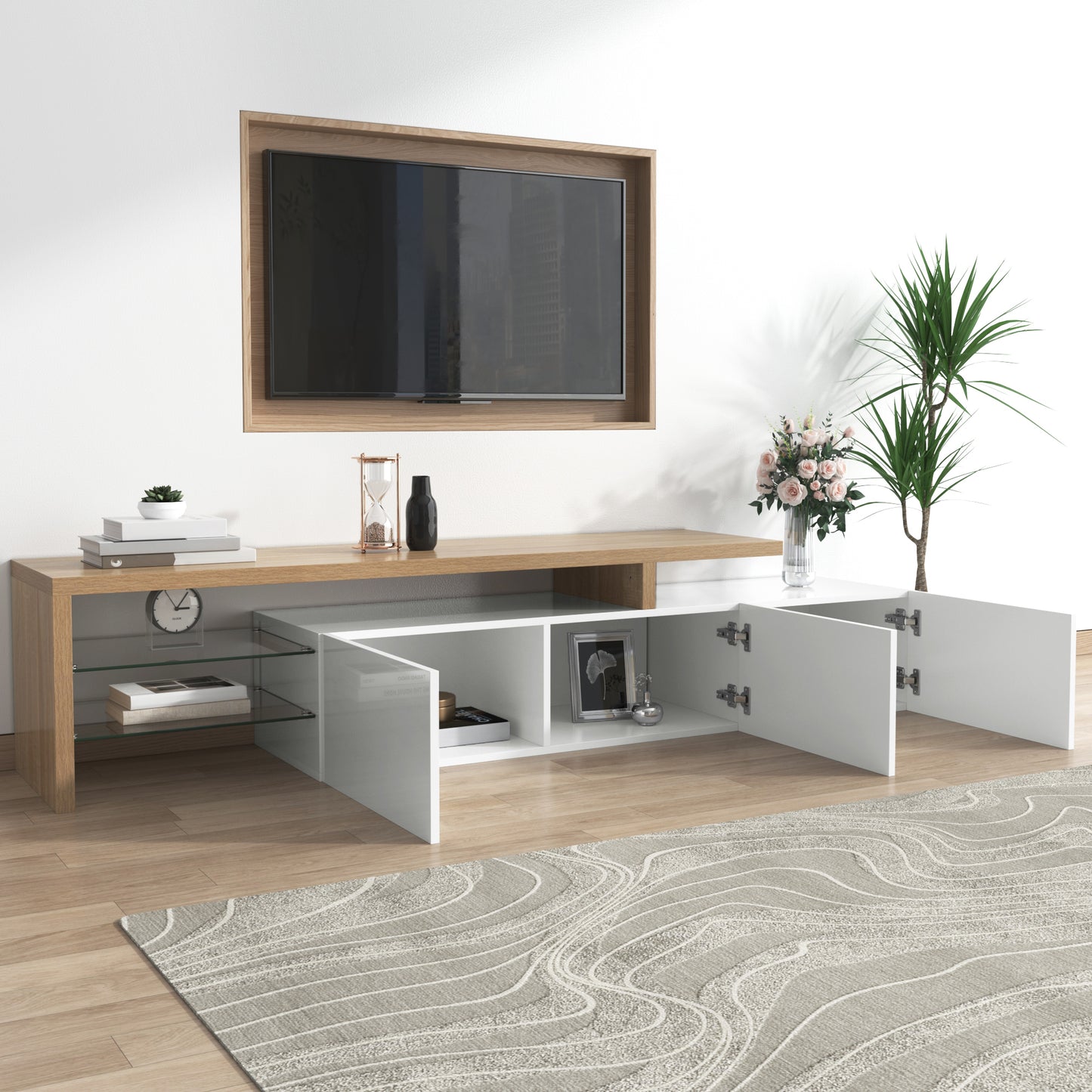 Modern TV Cabinet Design Stylish Elegance, Practical Storage Space, High-gloss White, Wood Look, Glass Shelves, LED Lighting