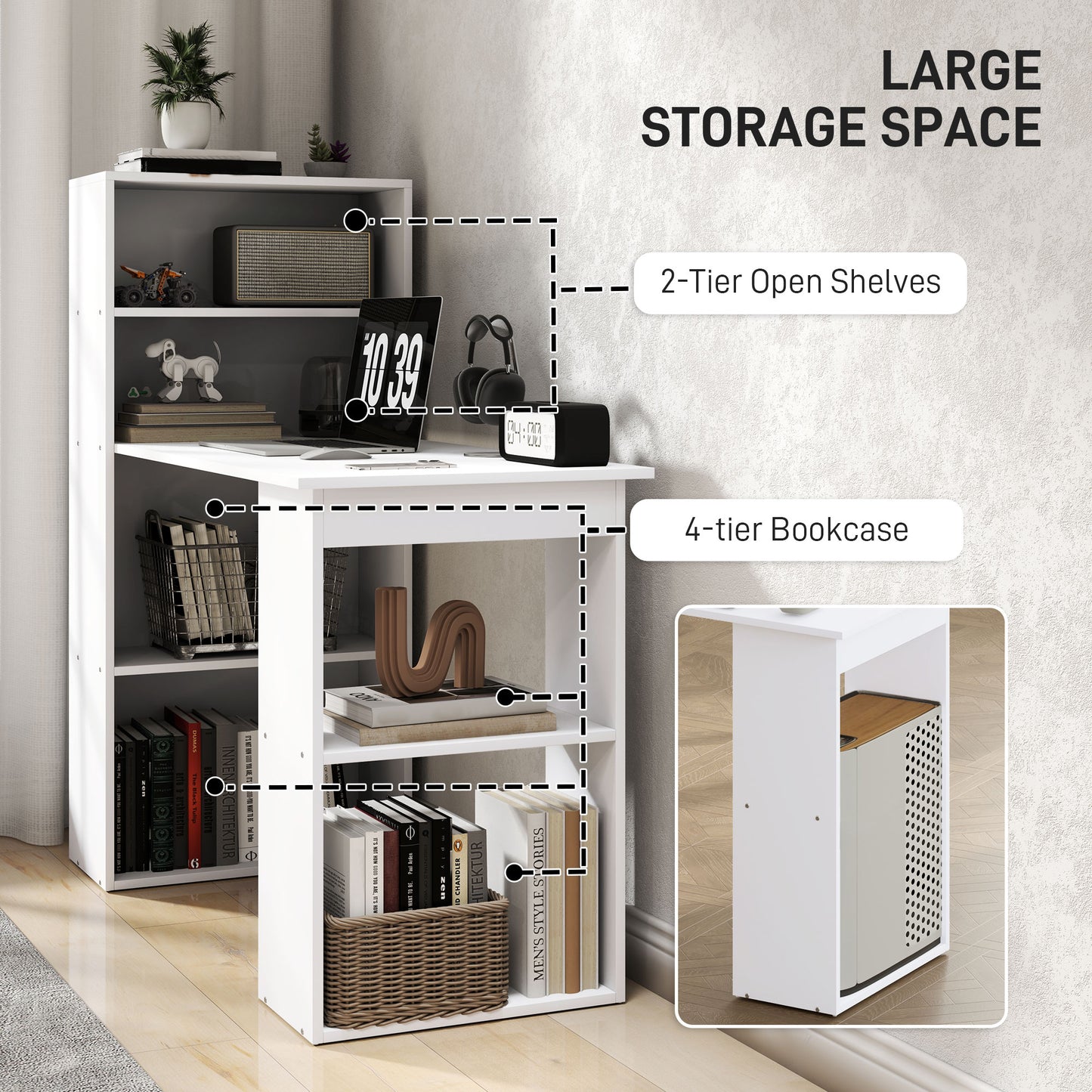 120cm Computer Desk, Wooden PC Laptop Table With 6-Tier Storage Bookshelves, Home Office Working Study Desk, Writing Workstation, White