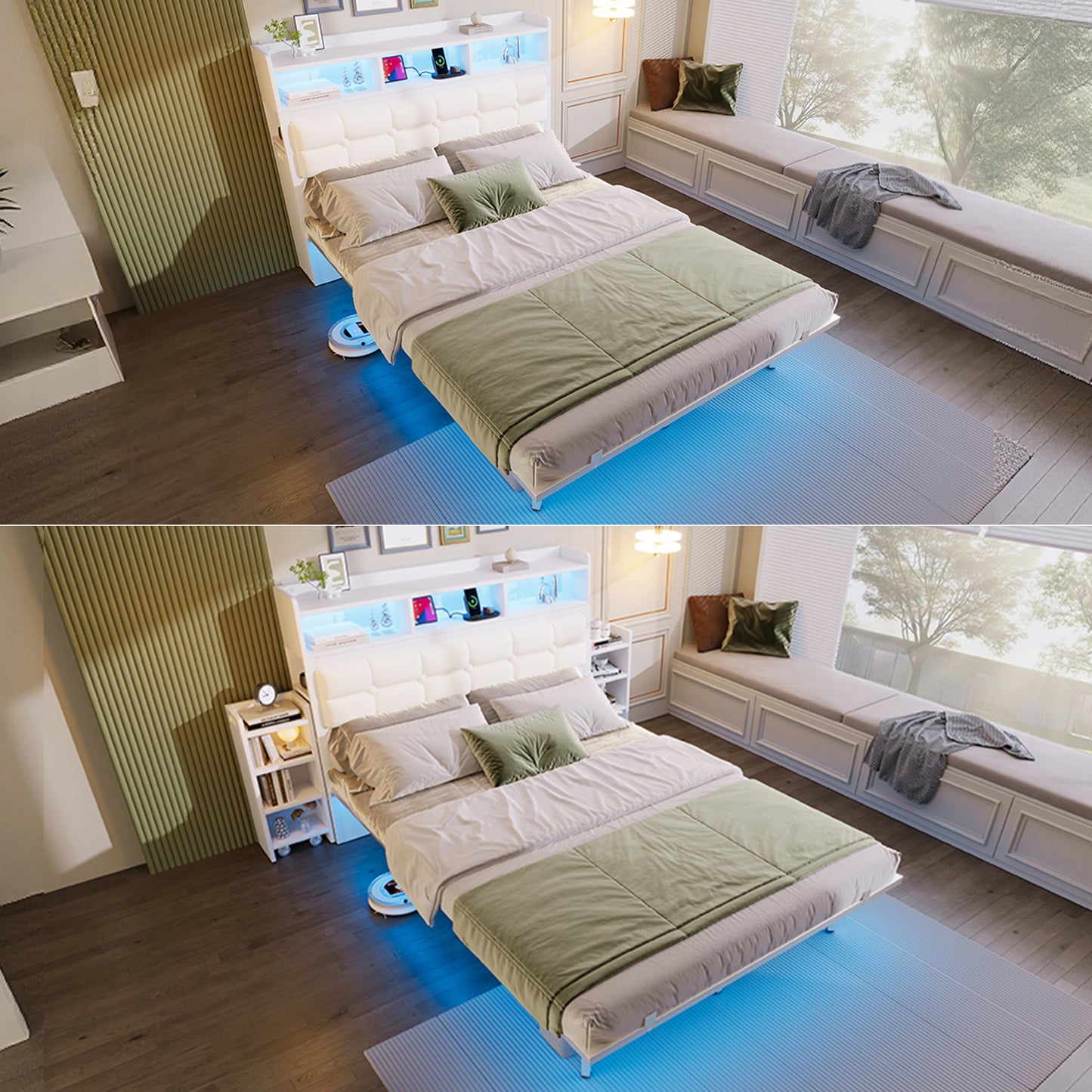 Double Bed 140x190 CM With Slatted Base And Headboard, With 2 Extendable Bedside Tables, With Storage Compartments, With Mobile Phone Charging Function TYPE C Interface And USB , With LED, White
